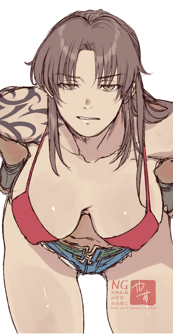 annoyed, bikini top, black lagoon, breasts, brown eyes, brown hair, cleavage, denim shorts, female, female only, fingerless gloves, hanging breasts, large breasts, long hair, looking at viewer, navel, red bikini, red bikini top, revy, short shorts, shorts, simple background, tattoo, thighs, white background, yasunososaku