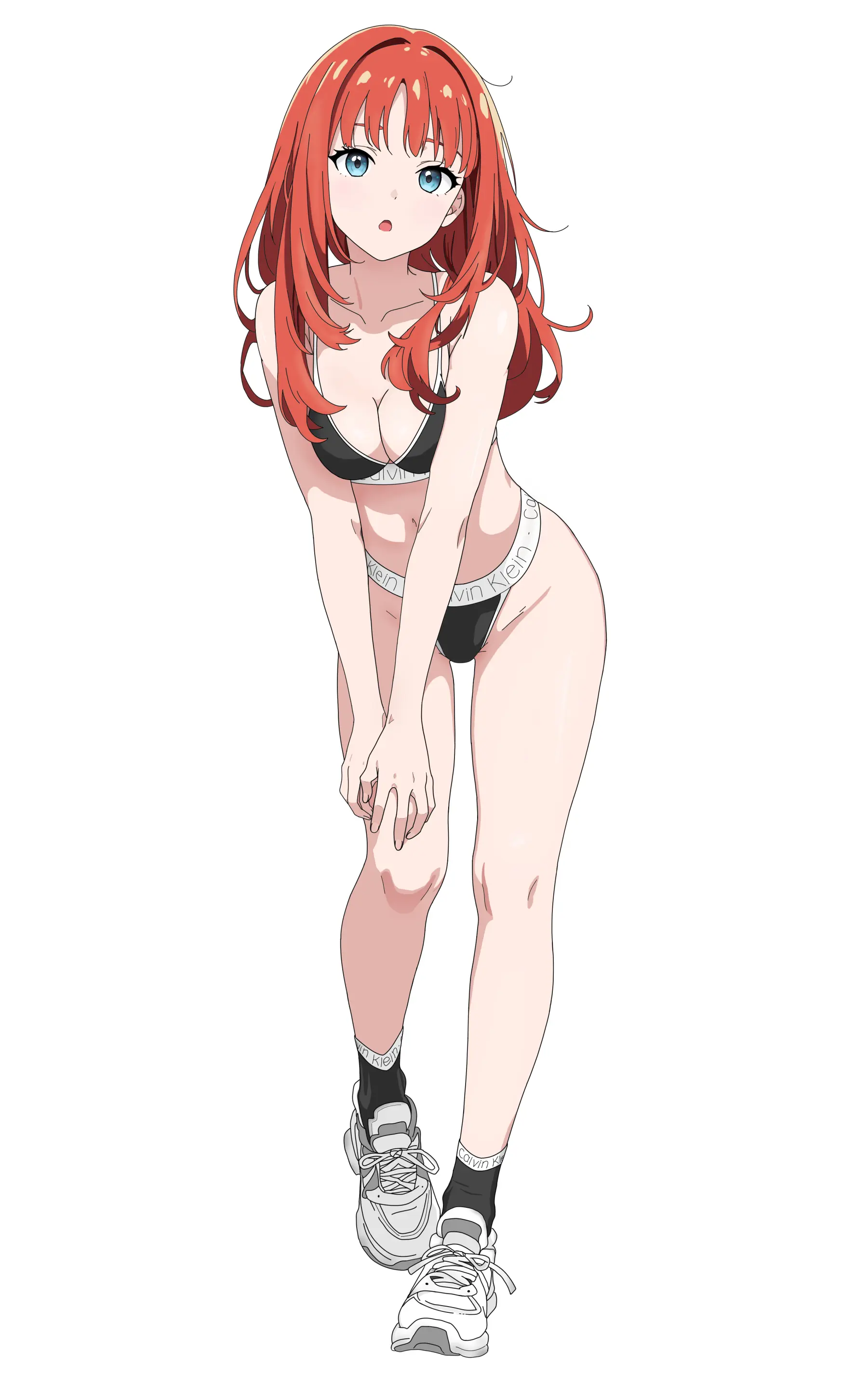 :o, 1girl, absurd res, alternate costume, alternate hairstyle, aqua eyes, black bra, black panties, black socks, bra, breasts, calvin klein, cleavage, clip studio paint (medium), clothes writing, collarbone, female, female only, full body, genshin impact, hair down, hands on own knees, high resolution, ir who, leaning forward, long hair, looking at viewer, medium breasts, nilou (genshin impact), open mouth, panties, product placement, red hair, shoes, sneakers, socks, solo, underwear, underwear only, underwear writing, white background, white shoes