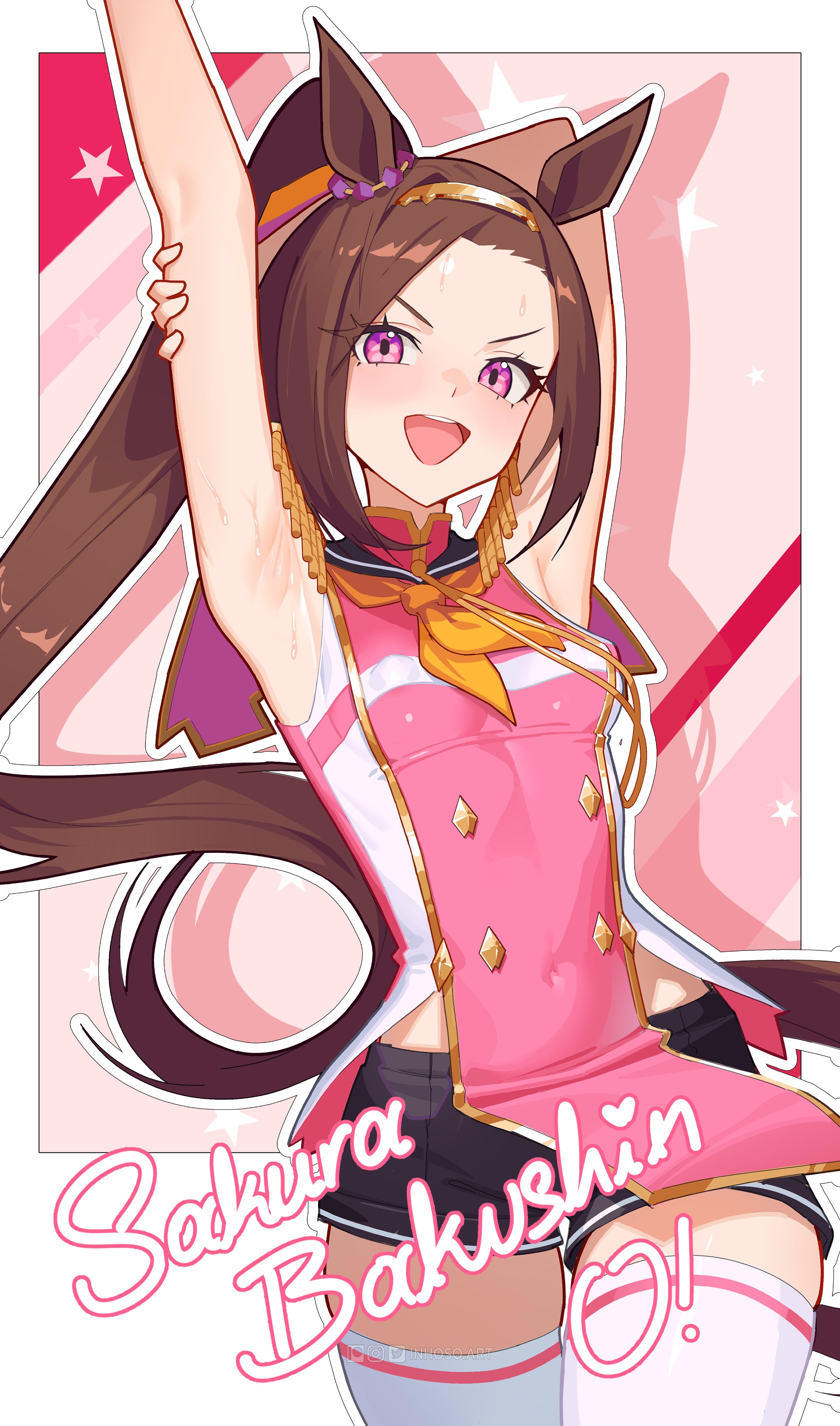 1girls, armpits, arms up, black shorts, brown hair, covered navel, flower-shaped pupils, horse ears, horse girl, inhoso, long hair, looking at viewer, midriff peek, pink eyes, ponytail, sakura bakushin o (umamusume), stretching, thighhighs, umamusume, umamusume pretty derby, white thighhighs