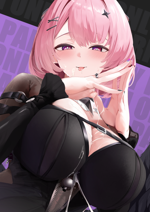 1girl, big breasts, black dress, black wings, blush, breasts, cleavage, cleavage cutout, clothing cutout, colored nails, cum, cum in pussy, dress, feathered wings, hair ornament, large breasts, long nails, long sleeves, looking at viewer, oza osuwari, painted nails, pink eyes, pink hair, remielle dan, remielle dan (moonlight whispers), short hair, smile, solo, tongue, tongue out, wings, zenless zone zero