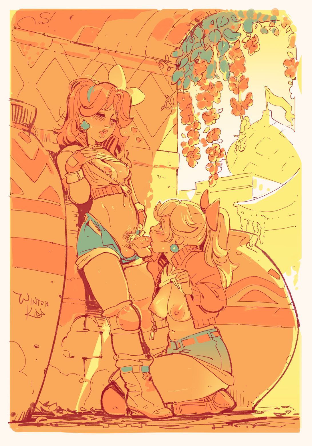 2girls bow breasts clothes_lift cropped_jacket erection fellatio female_pubic_hair futa_with_female futanari hair_bow highres large_breasts mario_(series) mario_kart mario_kart_world multiple_girls nipples oral penis ponytail princess_daisy princess_daisy_(touring) princess_peach princess_peach_(touring) pubic_hair public_indecency shirt_lift short_shorts shorts vase winton_kidd