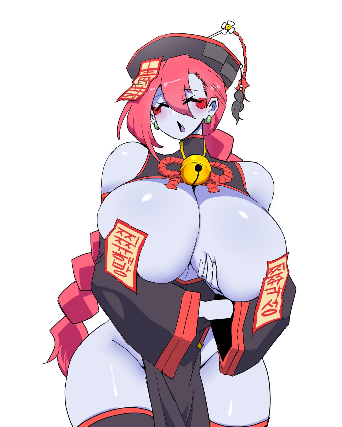 1girl bell big_breasts breast_out embarrassed female_focus female_only grabbing_own_breast hat jiangshi_(mannungei) mannungei red_hair revealing_clothes stitches thick_thighs