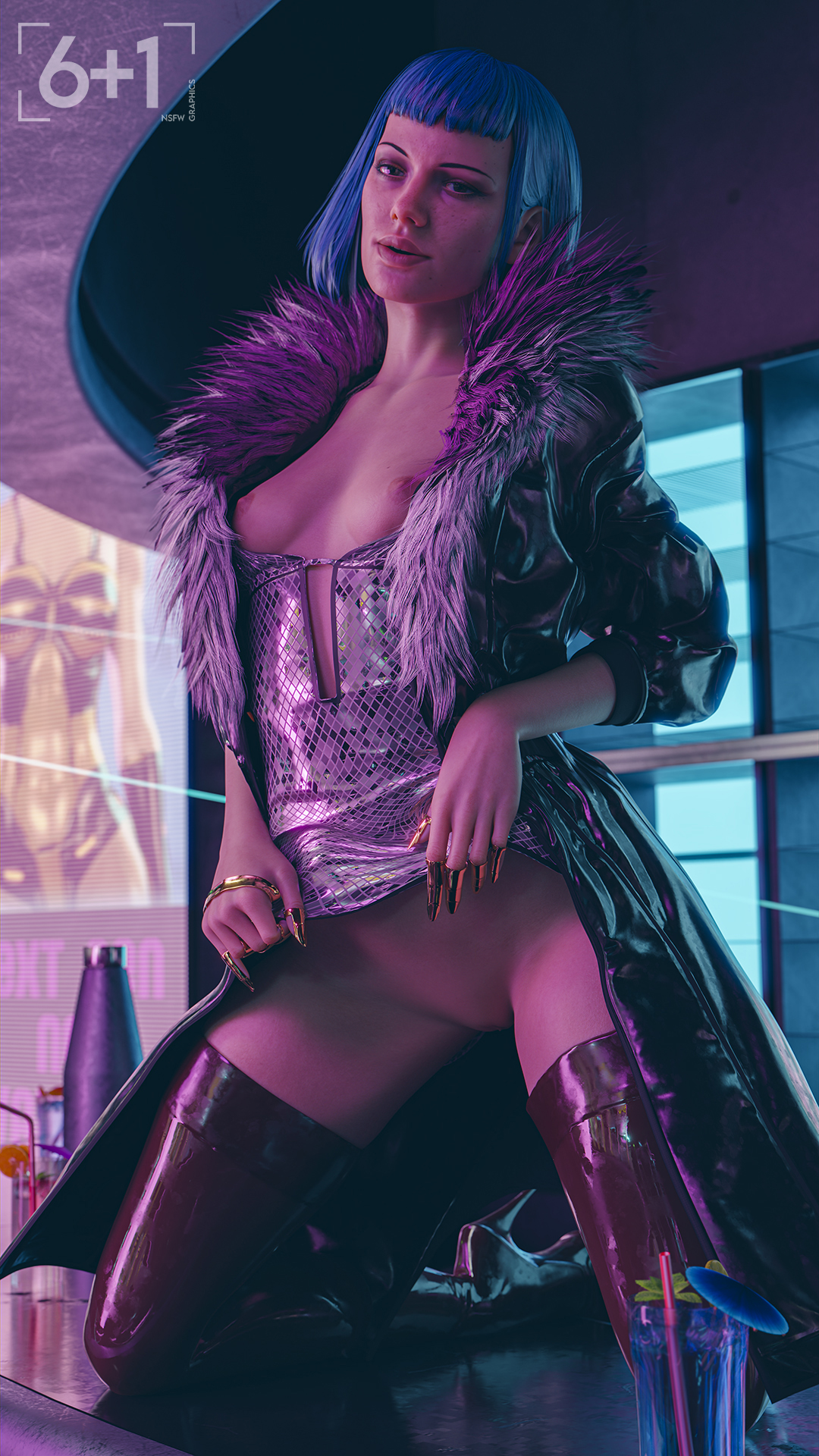 1girls, 3d, bar, blue hair, bob cut, breasts, brown eyes, cd projekt red, cyberpunk, cyberpunk 2077, dress lift, evelyn parker, exposed, eyelashes, eyeliner, eyeshadow, fake nails, female, female only, flashing, freckles, fringe, front view, fur coat, fur trim, green eyes, hime cut, kneeling, light skin, light-skinned female, looking at viewer, medium hair, nightclub, no panties, pale skin, presenting, presenting pussy, pussy, short hair, sixplusone, skirt, slim, small breasts, small fringe, solo, solo female, tagme, teasing, thighhighs, upskirt