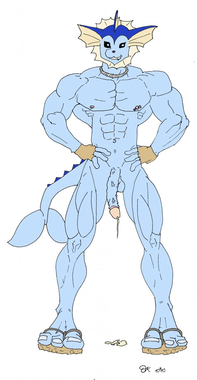 3_toes abs anthro bara biceps big_biceps big_pecs big_toes broad_shoulders circumcised cum_drip deltoids eeveelution fan_character fin fingerless_gloves fish fish_tail flaccid front_view full_body geta gills gloves hands_on_hips male male_only muscles muscular_male muscular_thighs naked_footwear necklace nintendo nipple_piercing nude pecs penis piercing pokémon_(species) pokemon serratus_anterior signature six_pack smile smirk solo spiked_tail tail thin_penis toes toothy_grin vaporeon white_background wide_shoulders