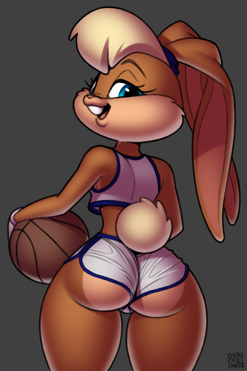 2021 2:3 anthro ass ball basketball_(ball) basketball_uniform blonde_hair blue_eyes bottomwear clothed clothing female fur furry furry_only grey_background hair hi_res holding_object lagomorph leporid lola_bunny looking_at_viewer looking_back looney_tunes mammal open_mouth rabbit rear_view simple_background skimpy solo space_jam sportswear standing tail thick_thighs tight_bottomwear tight_clothing uniform warner_brothers xylas