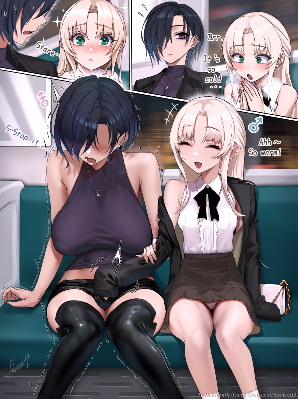 1boy 1futa blonde_hair embarrassed english_text femboy futanari hands_down_pants huge_breasts ikemeru19 intersex long_hair male open_mouth_smile short_hair small_penis smile touching_penis train