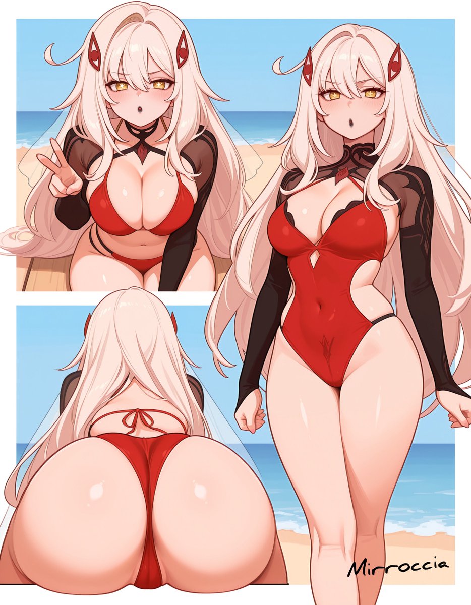 ai generated, ass, boobs, female, genshin impact, long hair, ronova (genshin impact), white hair, yellow eyes