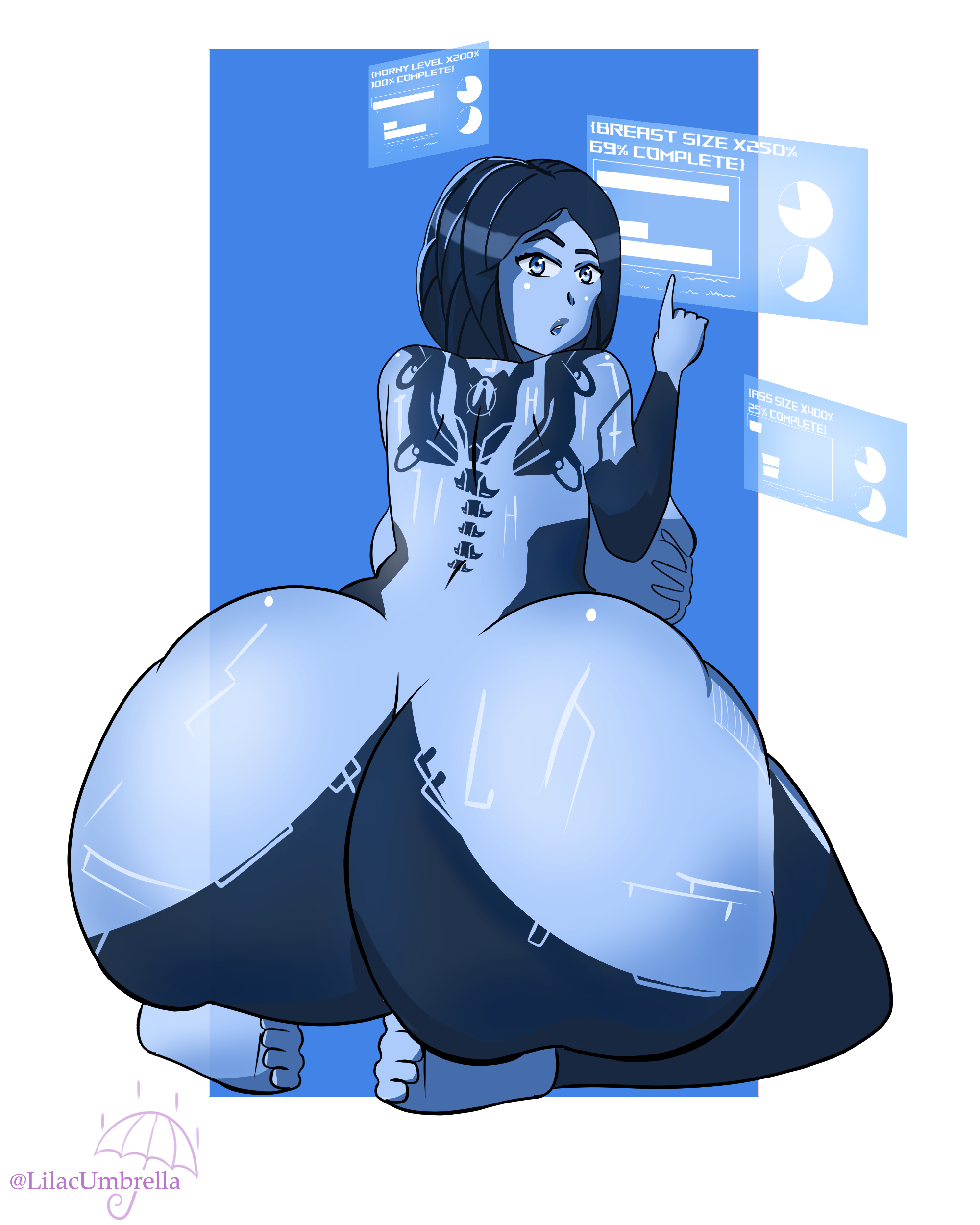 1girls, 2d, alternate ass size, artificial intelligence, ass, ass expansion, big ass, big breasts, big butt, blue eyes, blue hair, blue skin, bob cut, body markings, breast expansion, breast grab, breast growth, breast growth (enlargement), breast squeeze, breasts, brollyinthewind, computer, cortana, digital, eyeshadow, female, gigantic ass, gigantic breasts, growth, halo (series), halo 4, huge ass, huge breasts, huge butt, interrupted, kneeling, lilacumbrella (artist), looking at viewer, looking back, no source, on knees, short hair, solo, solo female, solo focus, thick eyebrows, thick thighs, watermark, wide hips