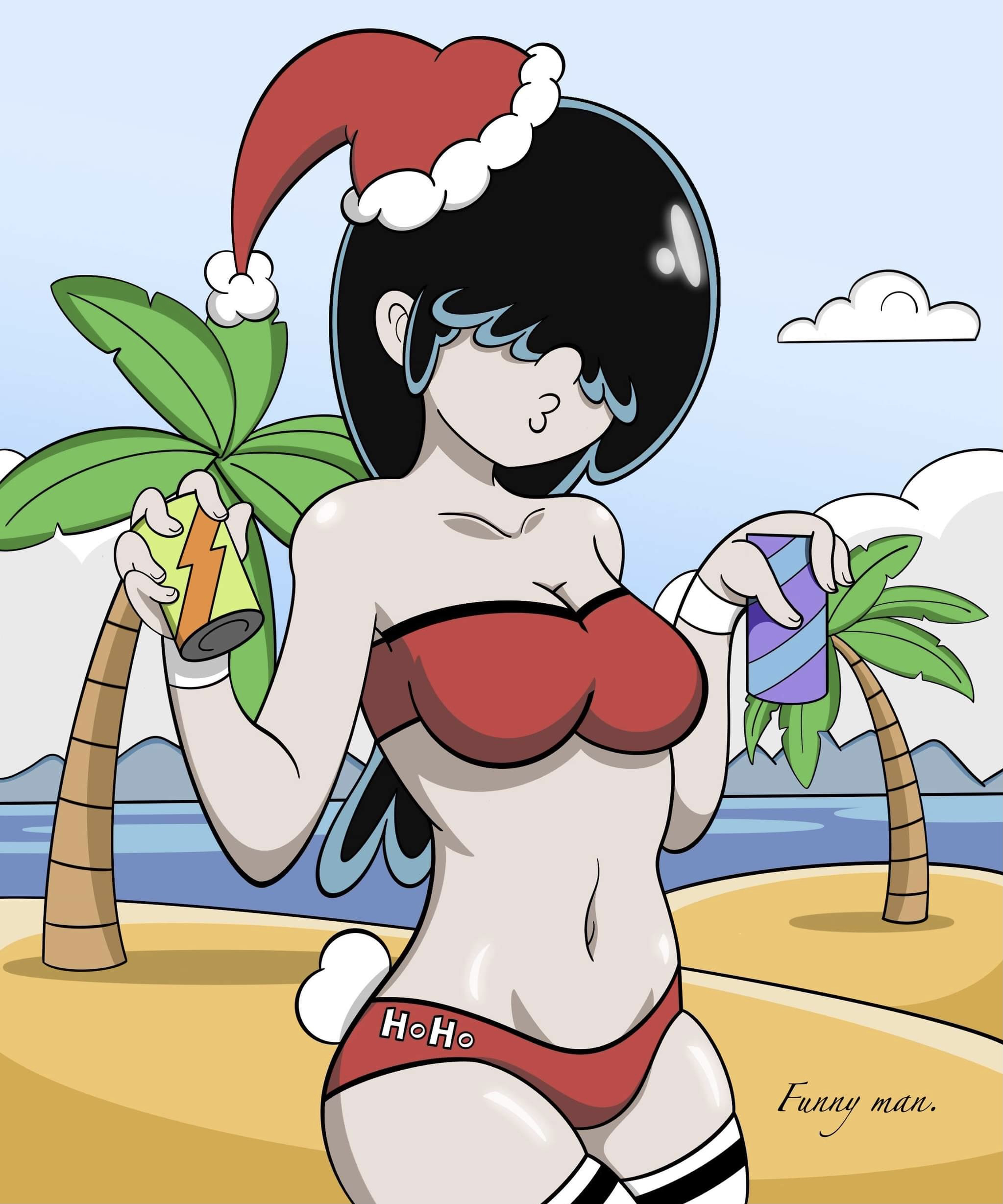 1girls, aged up, bangs, beach, belly, big breasts, bikini, black hair, bra, breasts, bunny tail, can, christmas, cleavage, cloud, drink, female, female only, funnyman, grey skin, hair over eyes, hat, hips, holding drink, lucy loud, midriff, navel, ocean, older, outside, palm tree, panties, sand, santa hat, sky, soda, soda can, solo, solo female, solo focus, stockings, striped legwear, striped thighhighs, the loud house, thick, thick thighs, thigh highs, thighhighs, thighs, trees, water, wide hips