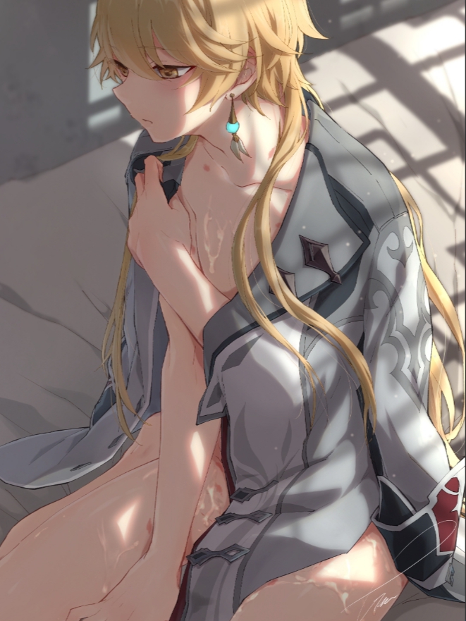 1boy, aether (genshin impact), after sex, blonde hair, childe (genshin impact), coat, cum, earrings, femboy, genshin impact, long hair, male, male only, markings, naked, nude, solo, submissive, tartaglia (genshin impact), taurant e, thighs, yellow eyes