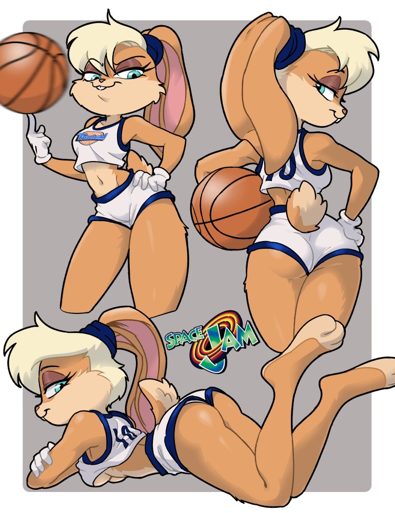 2020, 2020s, 3 toes, anthro, ass, ball (object), barefoot, basketball (ball), basketball uniform, blonde hair, blue eyes, booty shorts, breasts, buckteeth, centinel303, clothed, clothing, eyelashes, feet, female, fur, furry, furry only, grey background, hair, hand on hip, holding ball, holding object, lagomorph, leporid, lola bunny, looking back, looney tunes, lying, mammal, on front, pink nose, rabbit, short hair, simple background, smile, solo, space jam, sportswear, tail, teeth, toes, under boob, uniform, warner brothers