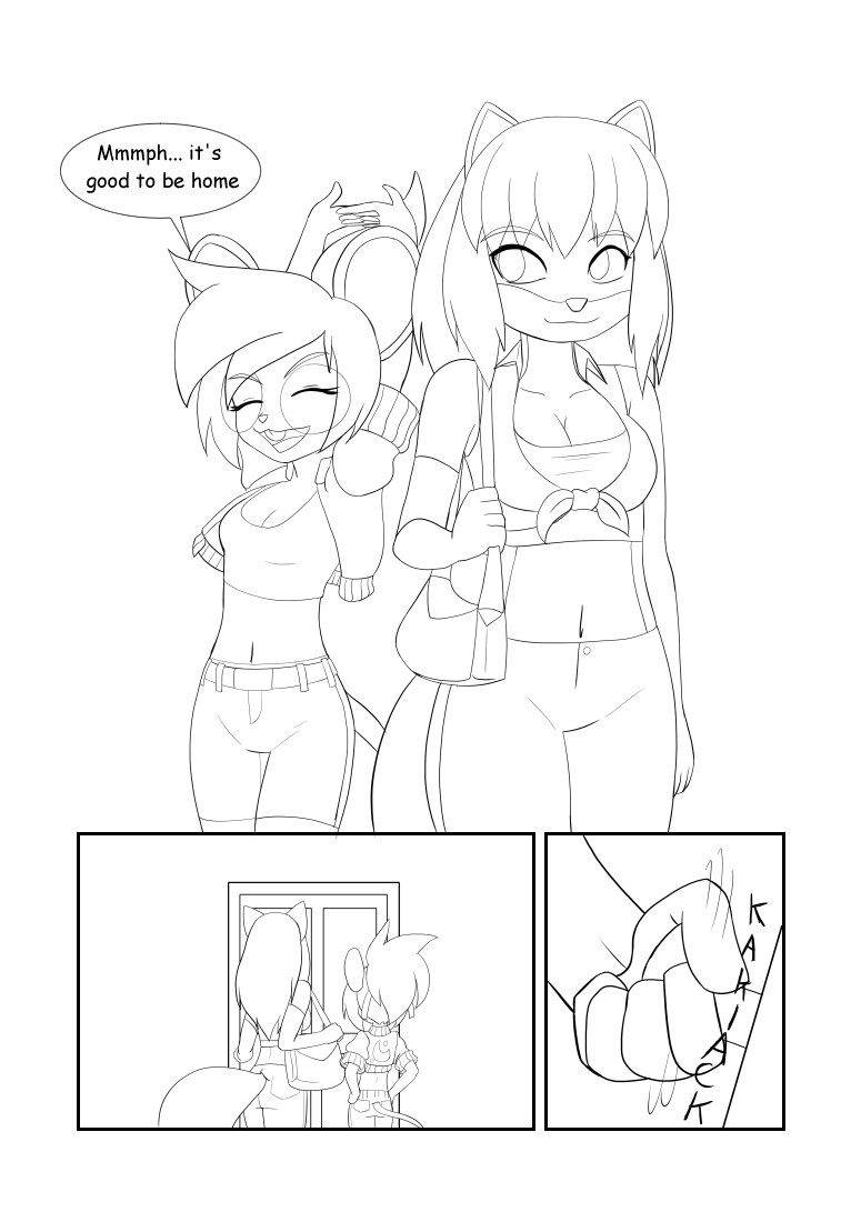 2girls anthro ass ass_expansion breast_expansion cleavage comic female female_only kojiro-brushard monochrome original original_character wide_hips