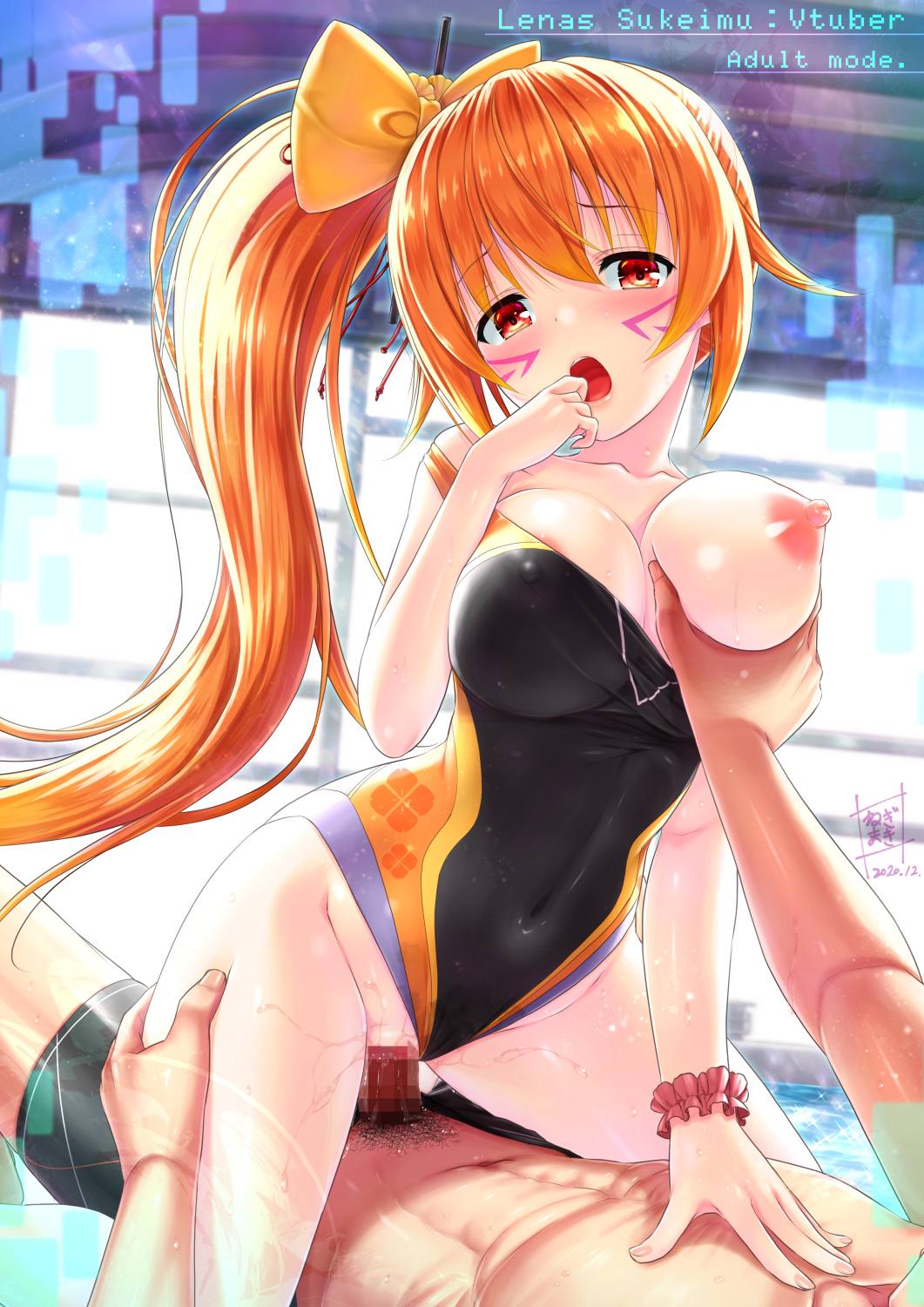 1boy breast_grab breasts character_name commentary_request competition_swimsuit cowgirl_position facial_mark female grabbing hair_ornament highres indie_virtual_youtuber large_breasts lenas_sukeimu long_hair looking_at_viewer negimaki_(negimaki256) one-piece_swimsuit open_mouth orange_eyes orange_hair pussy_juice side_ponytail solo_focus straddling swimsuit virtual_youtuber