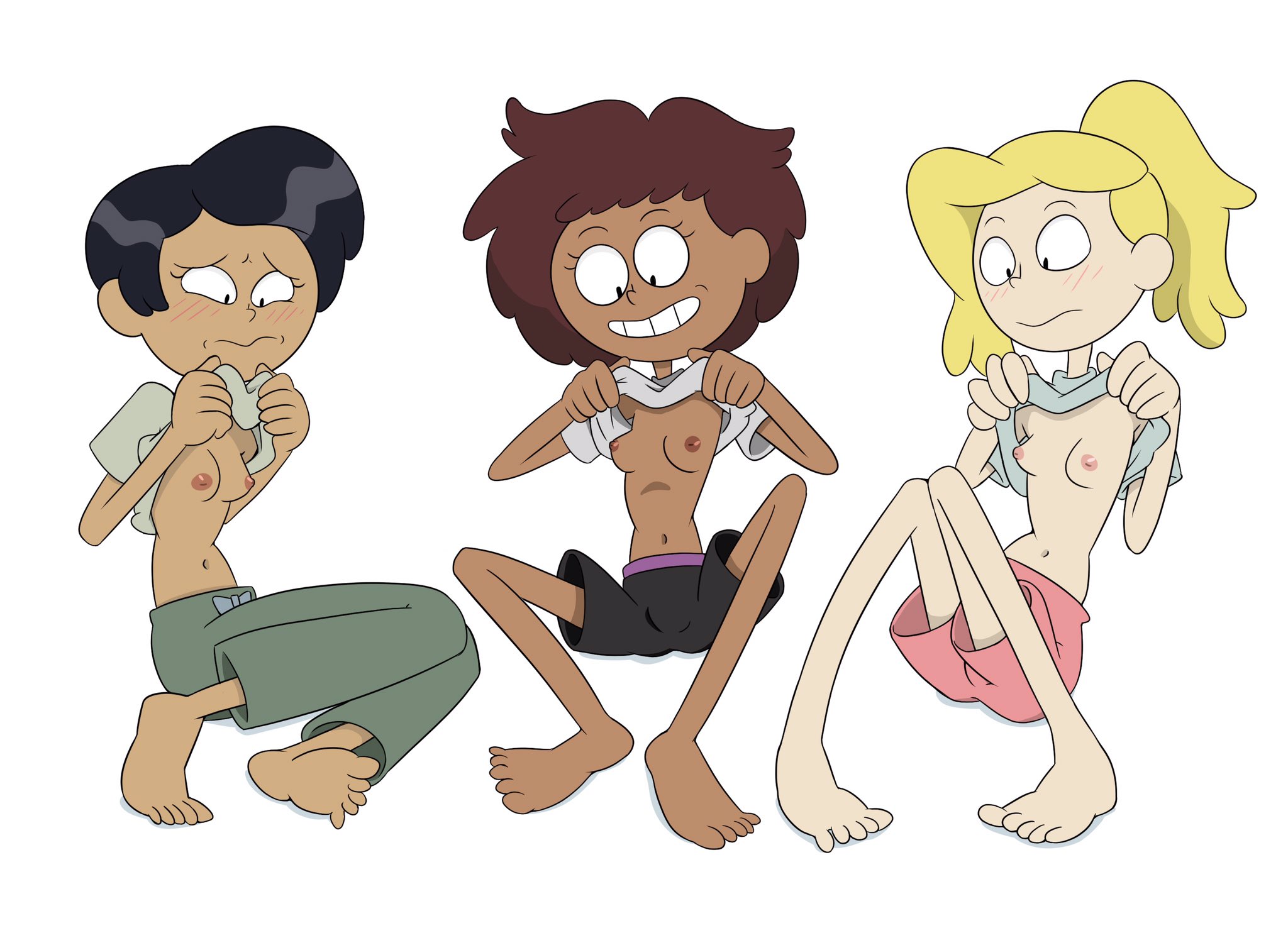 2020s, 2021, 2d, 3girls, amphibia, anne boonchuy, barefoot, black hair, blonde hair, blush, breasts, brown hair, dark hair, dark nipples, dark skin, dark-skinned female, disney, disney channel, embarrassed, exposed breasts, feet, female, female focus, female only, full body, group, human, light hair, light skin, light-skinned female, marcy wu, multiple females, multiple girls, navel, nipples, no bra, pale skin, pants, pink nipples, saint james school uniform, sasha waybright, school uniform, schoolgirl, self exposure, shirt lift, shorts, smile, smiling, smooth skin, stomach, taiwanese, teenage female, teenager, thai, thrumbo, toes, trio, tummy, white background, yellow hair, young