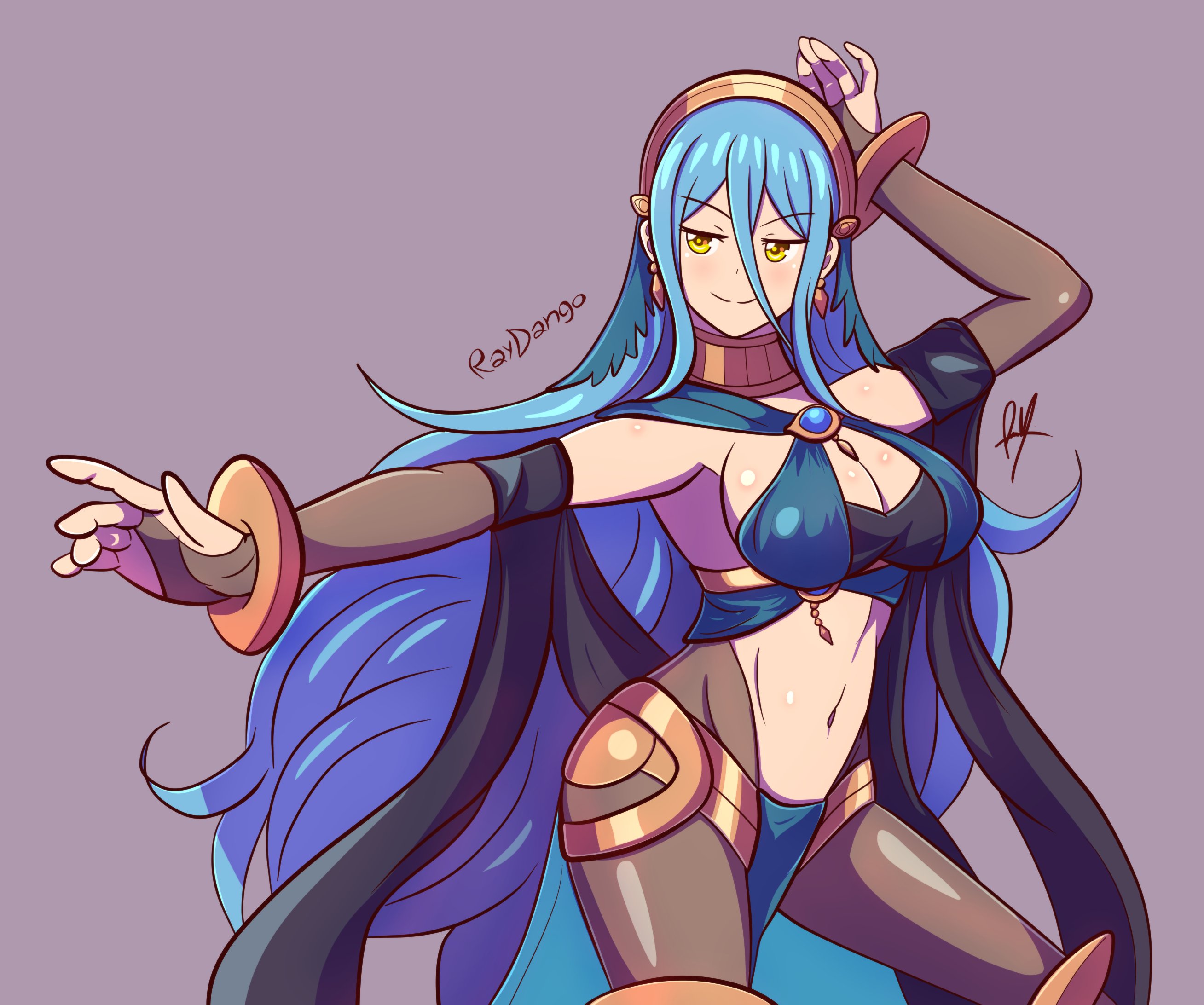1girls, alternate costume, aqua hair, armpits, artist name, azura (fire emblem), bare midriff, big breasts, blue hair, bodystocking, breasts, cleavage, cosplay, dancer, dorothea arnault (cosplay), female, female only, fire emblem, fire emblem fates, fire emblem heroes, hair between eyes, harem outfit, large breasts, lene (fire emblem), lene (fire emblem) (cosplay), light blue hair, long hair, nintendo, raydango, sideboob, smile, smug, solo, solo female, yellow eyes