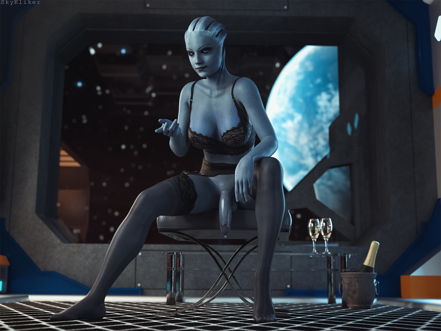 1futa, 3d, alcohol, alien, asari, asari futa, balls, blue eyes, blue skin, bra, champagne, condom, condom on penis, dominatrix, flaccid, futa only, futanari, garter belt, intersex, liara t'soni, lingerie, mass effect, penis, penis out, skykliker, solo, stockings