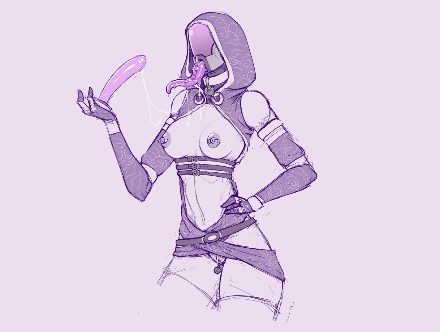 1girls, alien girl, bioware, breasts, collar, darkminou, dildo, dildo in mouth, drool, drool string, exposed breasts, female, helmet, hood, mask, masked female, mass effect, monochrome, nipple piercing, nipples, pale skin, pierced nipples, piercing, quarian, tali'zorah nar rayya, tongue, tongue out