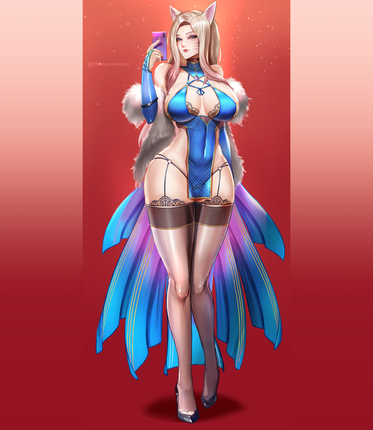 1girls, ahri, badcompzero, big breasts, breasts, cleavage, female, female only, high heels, k/da ahri, k/da all out ahri, k/da all out series, k/da series, large breasts, league of legends, thick thighs, thighhighs, wide hips