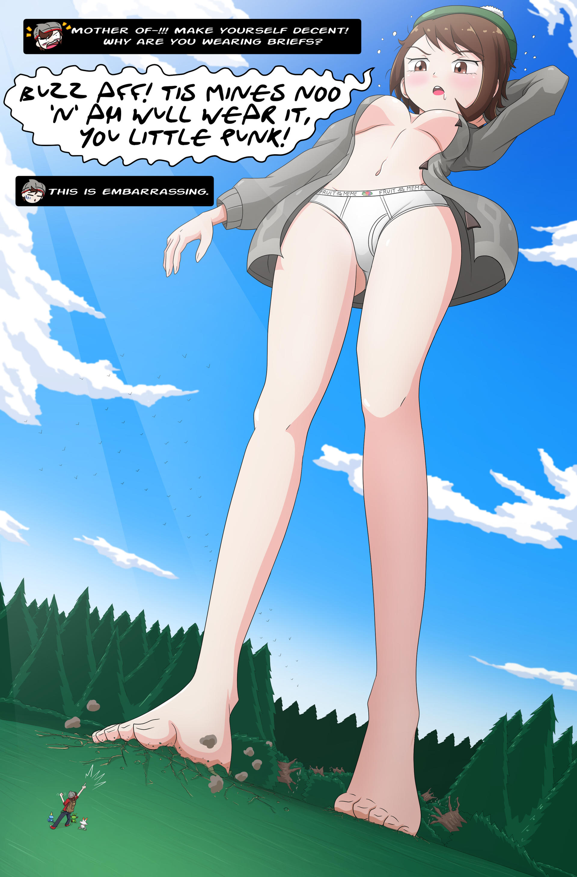 1boy, 1girls, barefoot, breasts, briefs, clouds, color, drool on face, feet, female, forest, game freak, giant female, giantess, gloria (pokemon), groggy, grookey, hat, human, human female, human only, larger female, looking down, low-angle view, macro, macro female, macro/micro, macrophilia, male, nipples, open shirt, outdoors, outside, pokemon, pokemon ss, scorbunny, size difference, sky, smaller male, sobble, text, thedaibijin, tighty whities, toes, victor (pokemon), video games