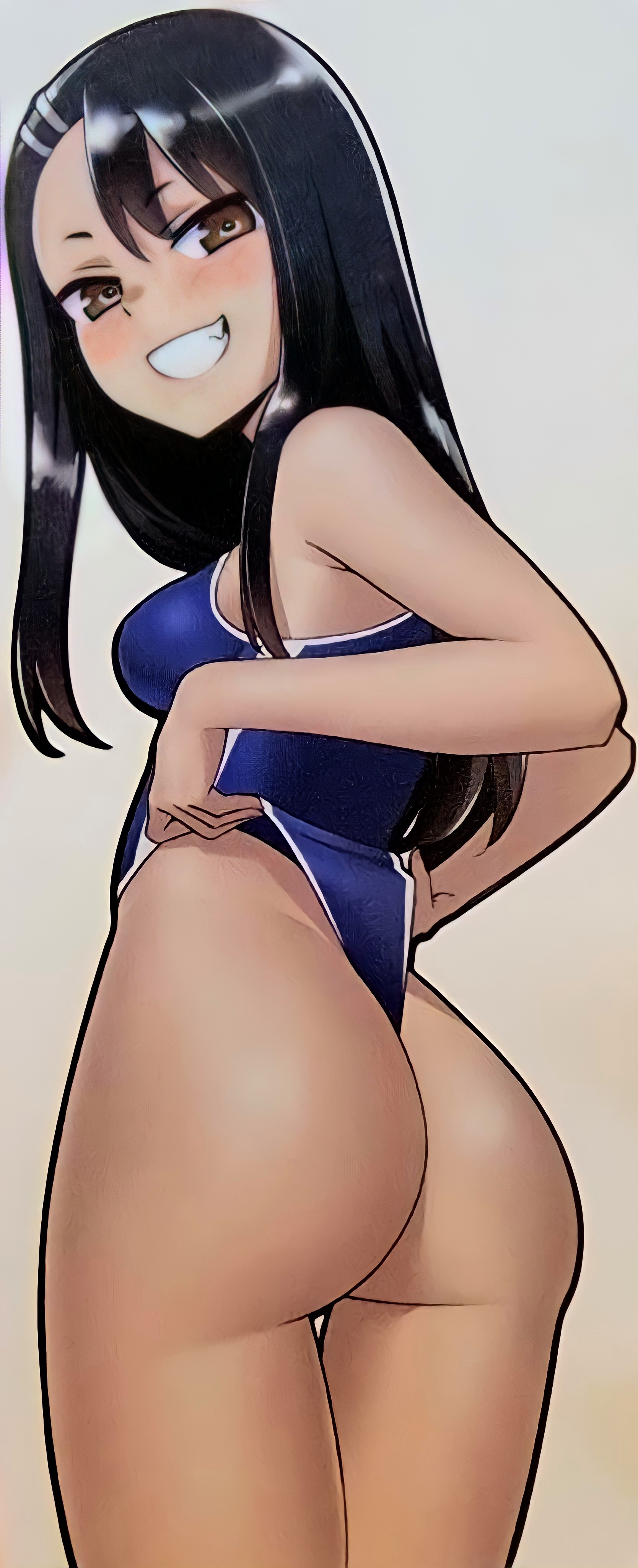 1girls, ass, black hair, breasts, brown eyes, clothed, clothing, female, female focus, female only, hayase nagatoro, hi res, long hair, looking at viewer, looking back, mdx87, please don't bully me, nagatoro, pose, revealing clothes, sideboob, simple background, small breasts, smile, solo, swimsuit, thong, white background