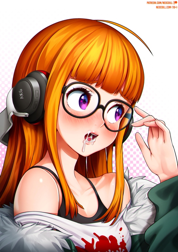 1girls, adjusting glasses, big eyes, blush, cum, cum in mouth, female, fully clothed, glasses, headphones, looking away, neocoill, open mouth, orange hair, persona, persona 5, purple eyes, sakura futaba, white skin