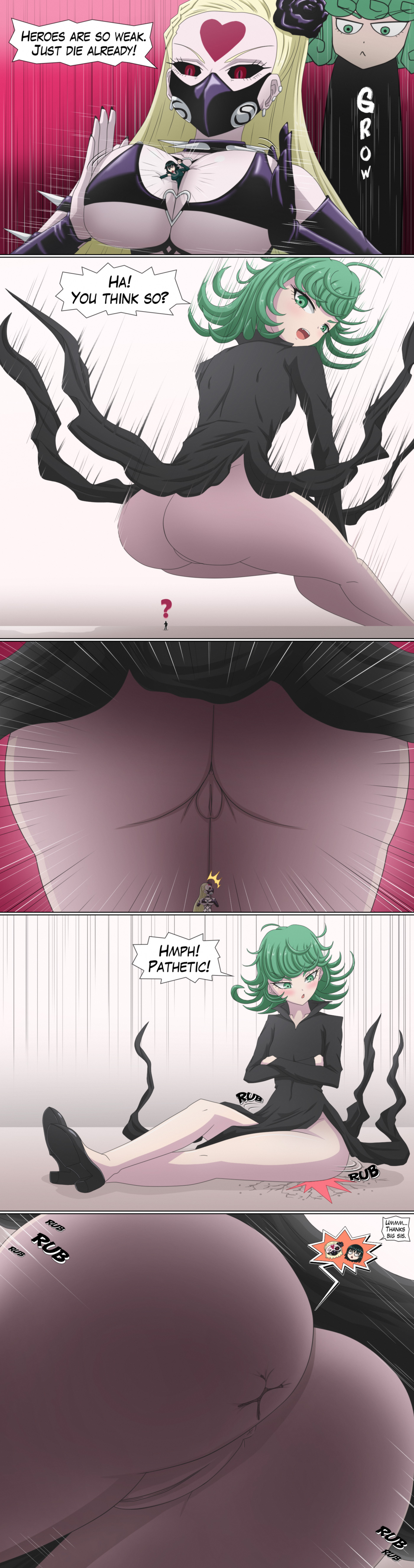 blonde hair, butt crush, color, comic, comics, female, female only, fubuki (one-punch man), giantess, green hair, growth, kaijin hime do-s, larger female, macro, multiple females, multiple girls, no panties, one-punch man, pussy, revealing clothes, size difference, smaller female, tatsumaki, text, thedaibijin, vagina