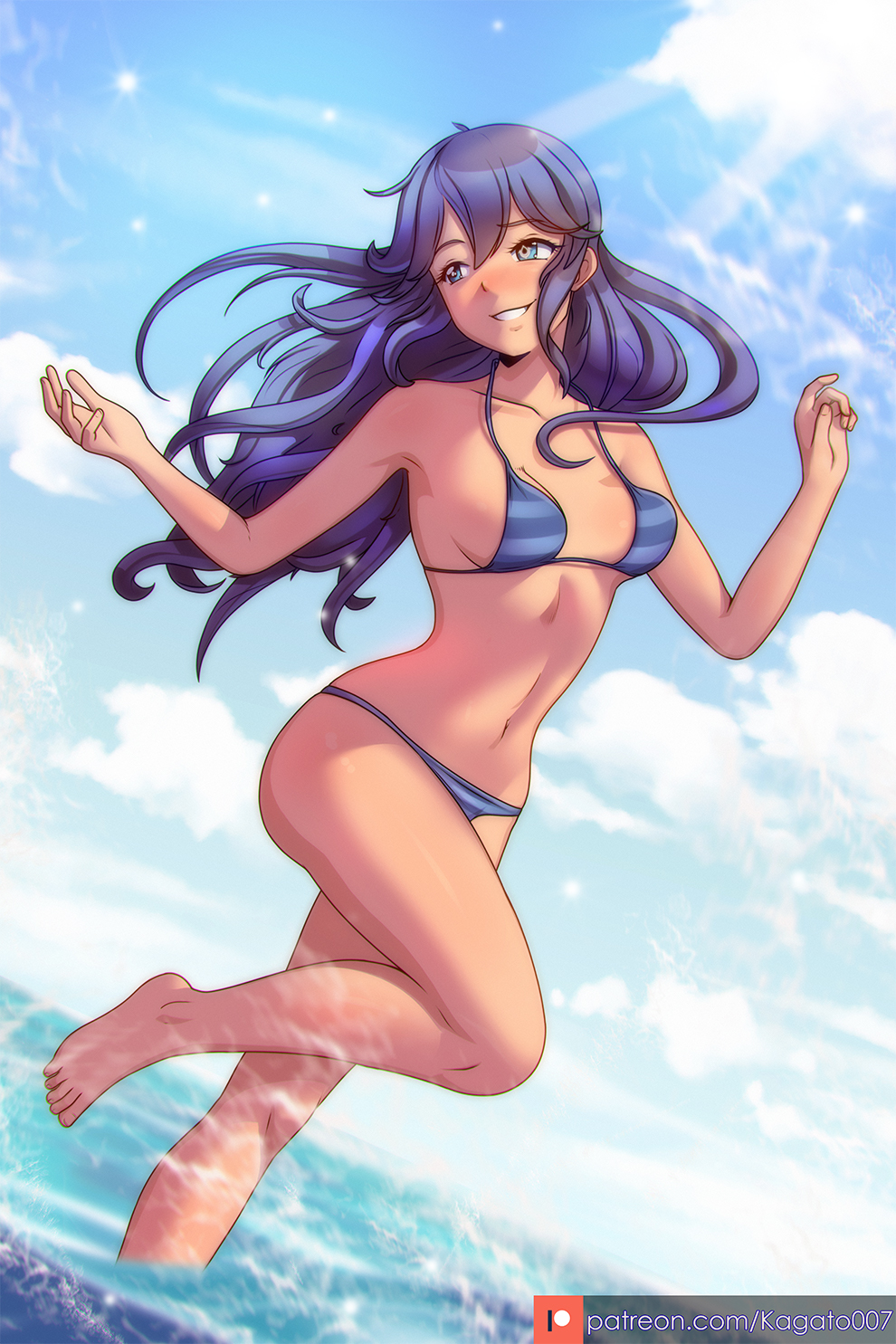 1girls, bikini, blue bikini, blue eyes, blue hair, blue swimsuit, breasts, female, fire emblem, fire emblem awakening, kagato007, long hair, lucina (fire emblem), nintendo, ocean, seaside, small breasts, smile, solo, solo female, swimsuit, symbol-shaped pupils
