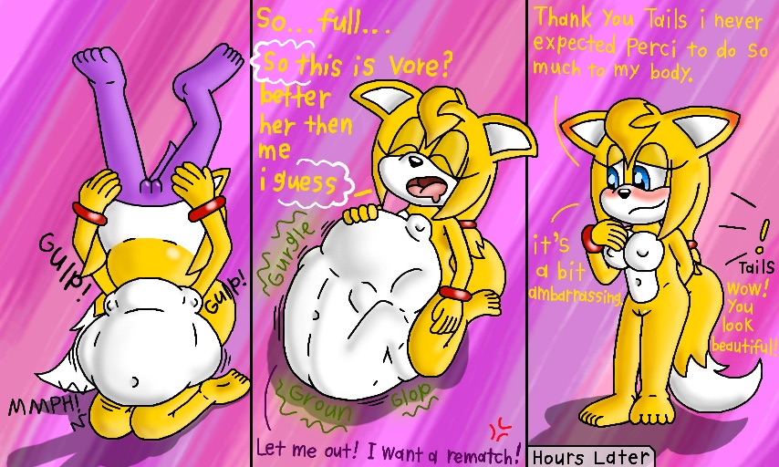 anthro anthro_pred anthro_prey bandicoot belly belly_bulge blonde_hair blue_eyes blush breasts comic female_pred female_prey fingers fox hair midnightowlart nipples nude oral_vore perci_the_bandicoot purple_body shy sonic_(series) sonic_boom vore yellow_body zooey_the_fox