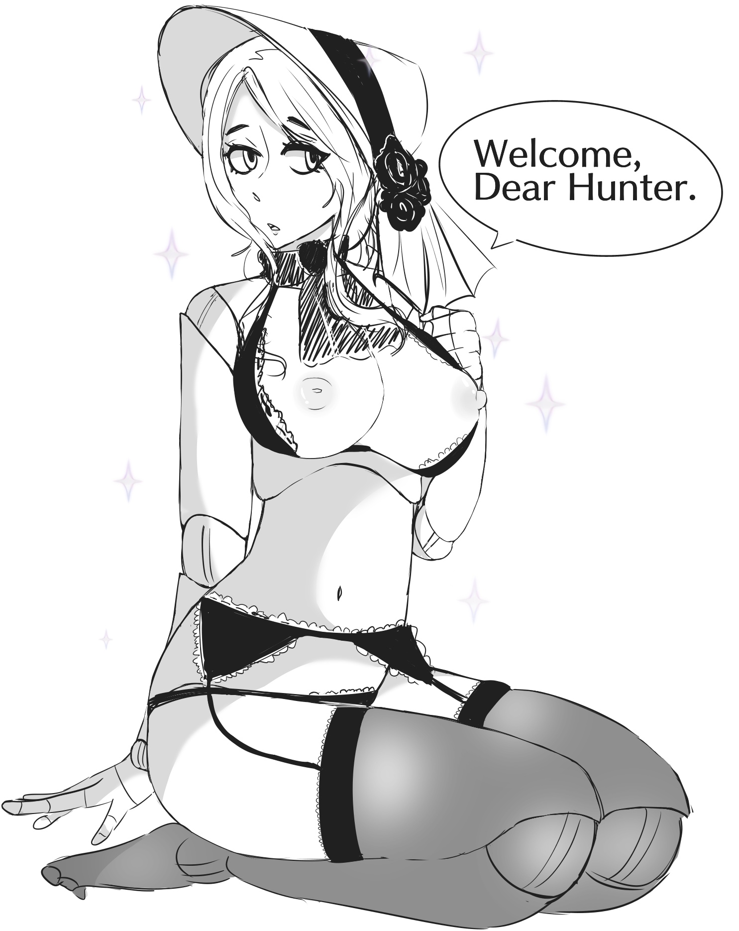 1girls, 2d, belly button, black and white, bloodborne, bonnet, bra, breasts, dialogue, doll, doll joints, english text, exposed breasts, female, female only, fromsoftware, garter belt, garter straps, lingerie, missrin, monochrome, nipples, on knees, panties, plain doll, solo, solo female, speech bubble, stockings, text, underwear