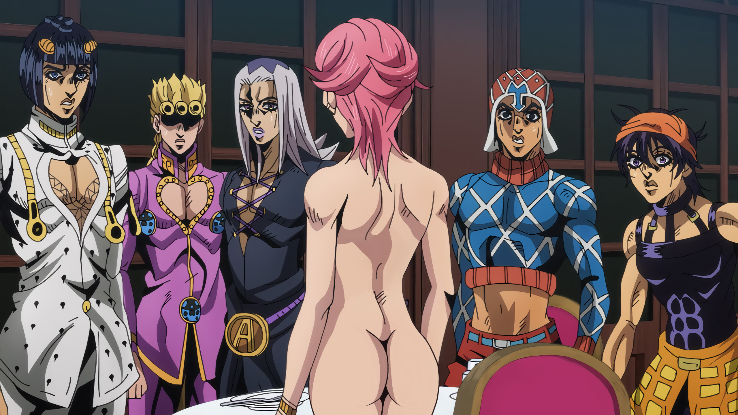 1girls, 5boys, bruno buccellati, clothed male, david productions, edit, female, giorno giovanna, guido mista, hirohiko araki, jojo's bizarre adventure, leone abbacchio, male, narancia ghirga, nude, nude female, saerah, screenshot edit, staring, tagme, teenage female, teenager, trish una, vento aureo