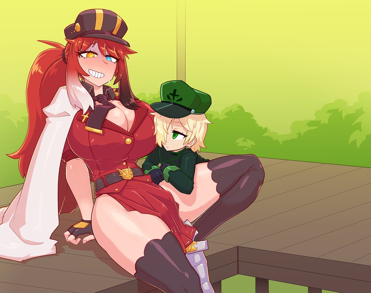 1boy, 1futa, blonde hair, breasts, cleavage, clothed, clothing, duo, flaccid, fully clothed, futanari, hat, heterochromia, huge breasts, intersex, large breasts, male, mostly clothed, original, pale skin, penis, red hair, sharyn (bkb), sitting, size difference, thetenk, thick thighs, thighhighs, wide hips