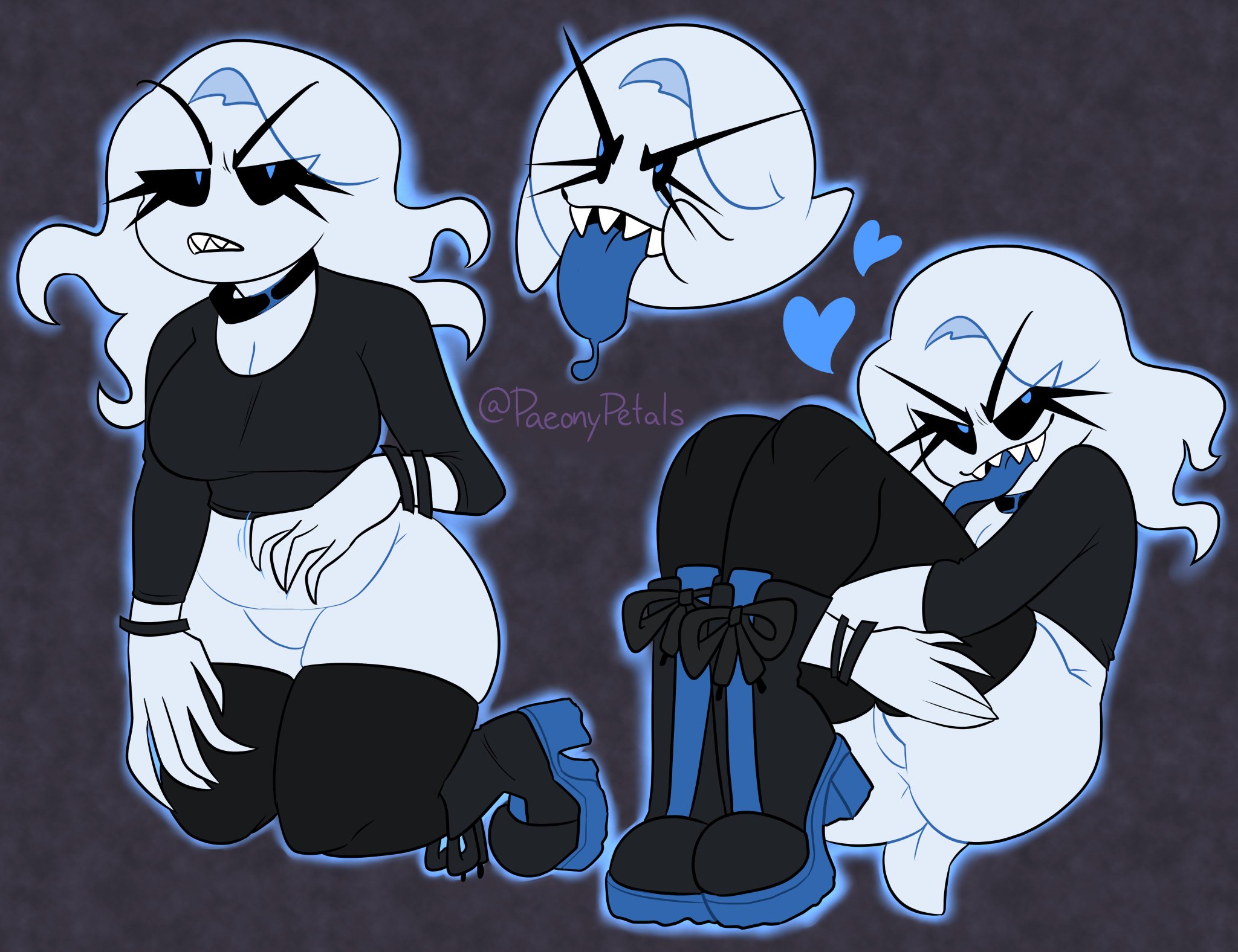 1girls, anus, blue tongue, boo (mario), boots, breasts, choker, clothing, female, female only, full body, ghost, half naked, humanized, lizielewddle, long tongue, mario (series), multiple views, nintendo, no panties, open mouth, peonypetals, pose, pussy, sharp teeth, simple background, slightly chubby, smile, solo, tail, teeth, tongue, tongue out
