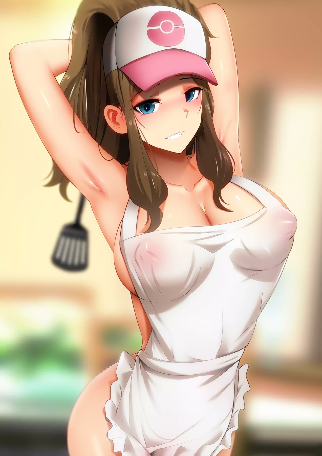 1girls alternate_breast_size apron armpits arms_above_head arms_behind_head arms_up ass baseball_cap big_breasts blue_eyes breasts brown_hair cap female ginhaha grin hat hilda_(pokemon) huge_breasts human long_hair looking_at_viewer naked_apron nintendo nipples pokemon pokemon_bw ponytail see-through see-through_clothing smile smiling solo solo_female spatula