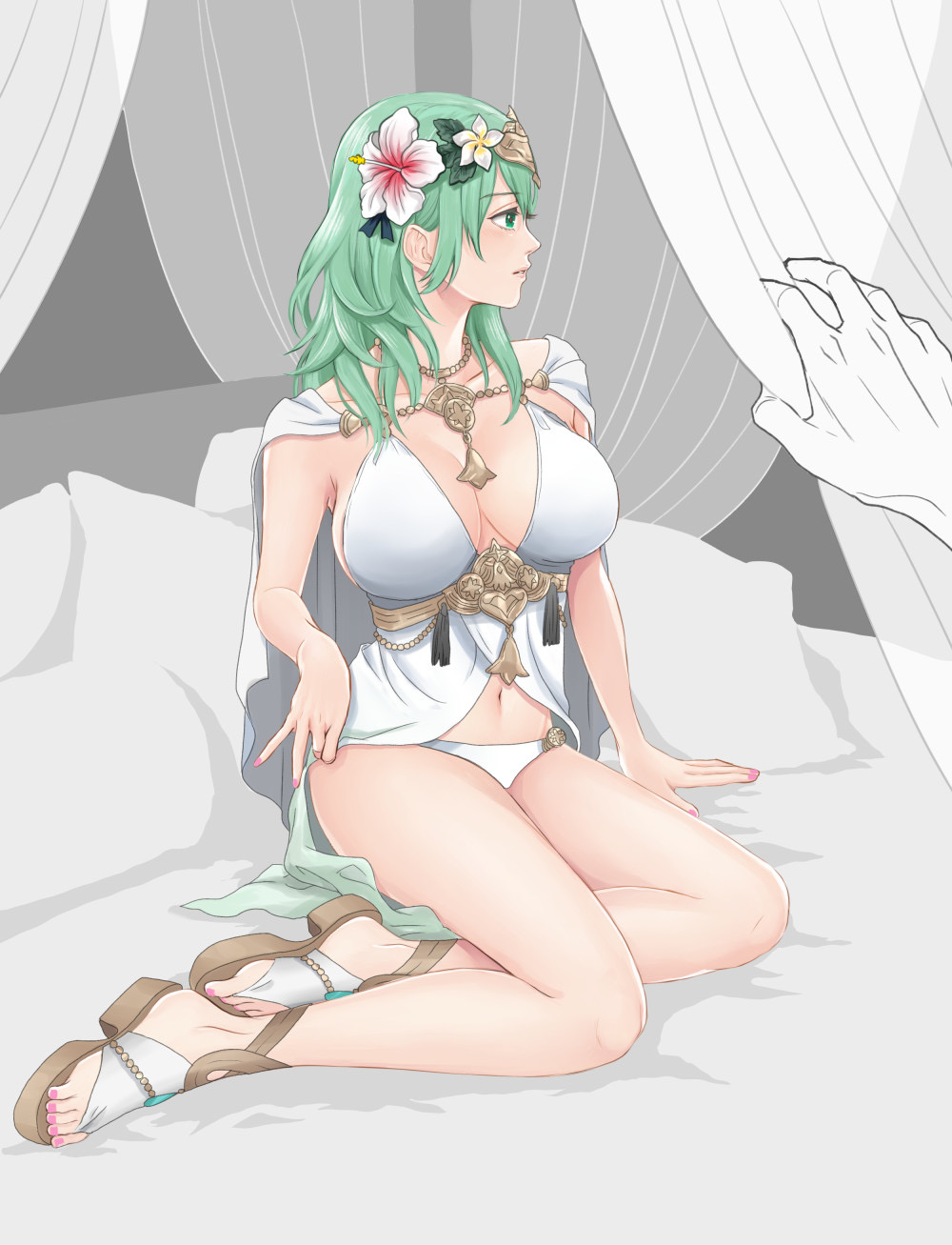 1girls alternate_costume alternate_version_available bed bikini byleth_(fire_emblem) byleth_(fire_emblem)_(female) cleavage curtains female female_focus fire_emblem fire_emblem:_three_houses fire_emblem_heroes flower_in_hair green_hair kneeling looking_to_the_side nintendo offscreen_male on_bed rhea_(fire_emblem)_(cosplay) sandals swimsuit swimwear tanimadayo