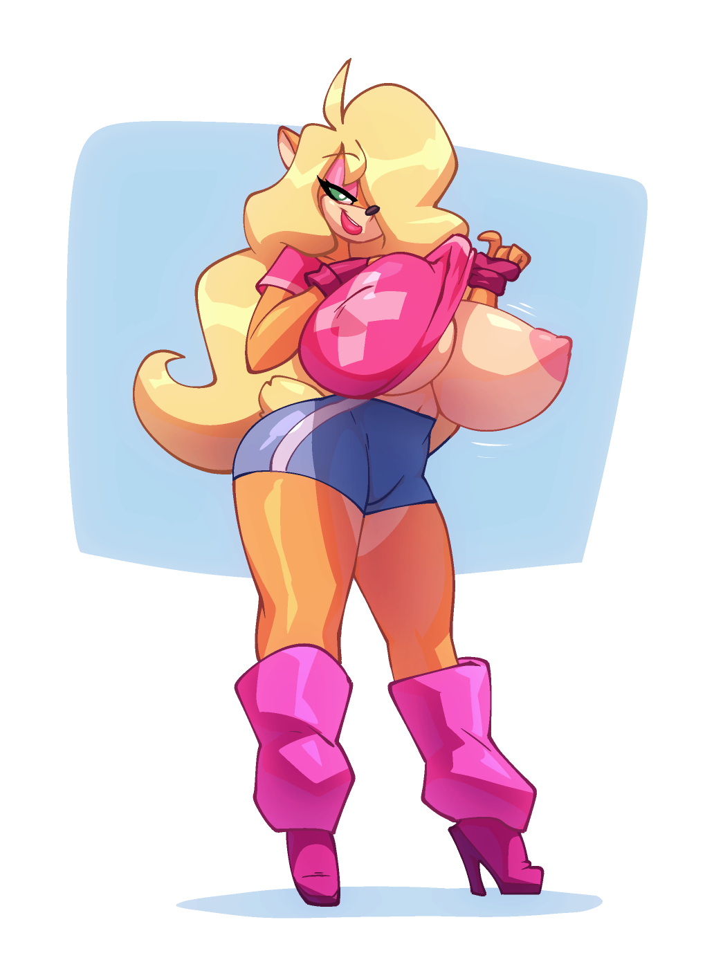 1girls, 2021, activision, anthro, big breasts, bigdad, bimbo, breasts, crash (series), female, female only, full body, furry, huge breasts, nipples, one breast out, solo, standing, tawna bandicoot, thick thighs, thighs