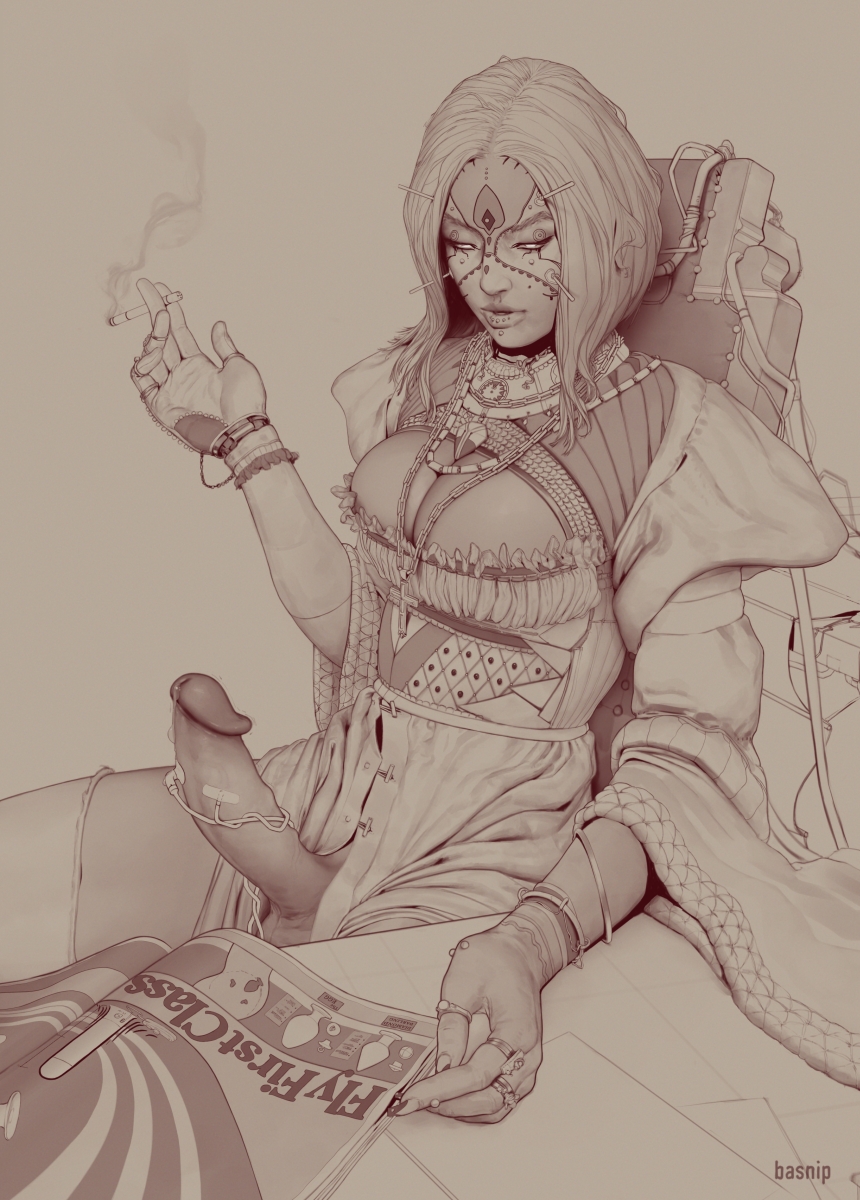1futa, 2d, 2d (artwork), balls, basnip, breasts, cigarette, cleavage, clothed, clothing, cybernetics, detailed, dickgirl, erection, futa only, futanari, humanoid, humanoid penis, intersex, medical, monochrome, mostly clothed, necklace, penis, penis out, piercings, precum, sitting, smoking, solo, text