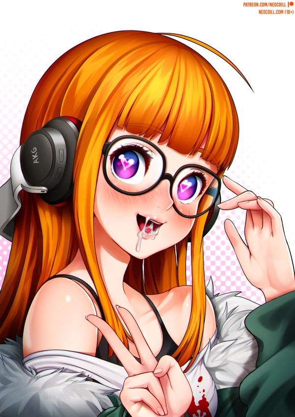 1girls, big eyes, blush, clothed, clothed female, colored, cum, cum drip, cum in mouth, cum inside, female, female focus, female only, fully clothed, glasses, headphones, heart-shaped pupils, looking at viewer, neocoill, open mouth, orange hair, persona, persona 5, purple eyes, sakura futaba, simple background, smile, smiling, solo, solo female, solo focus, uncensored, v, watermark, white background, white skin