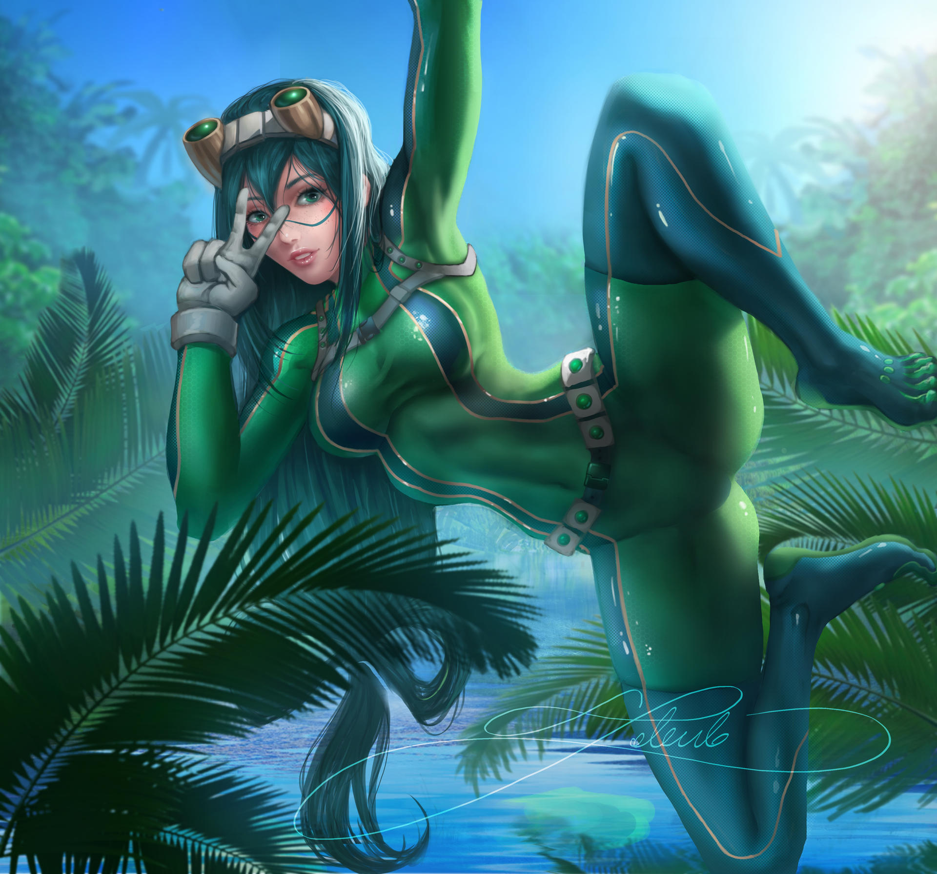 1girls, female, green hair, green-haired female, hero outfit (mha), looking at viewer, my hero academia, sakimichan, spread legs, tsuyu asui, water, white gloves