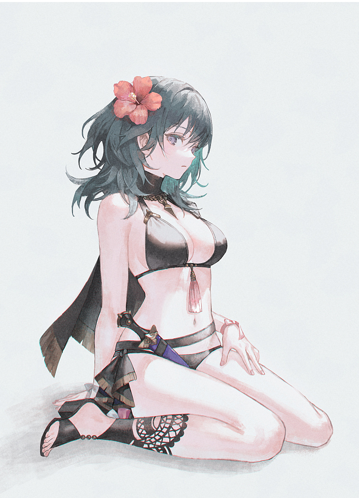 1girls, alternate costume, aqua hair, arm support, bare legs, bare shoulders, bikini, black bikini, black footwear, black swimsuit, blue eyes, breasts, byleth (fire emblem), byleth (fire emblem) (female), choker, cleavage, dagger, eotyq58d6do16cs, female, fire emblem, fire emblem heroes, fire emblem: three houses, flower, hair flower, hair ornament, hand on own thigh, large breasts, looking at viewer, medium hair, navel, nintendo, profile, red flower, sandals, simple background, sitting, solo, stomach, swimsuit, teal hair, wariza, weapon, white background