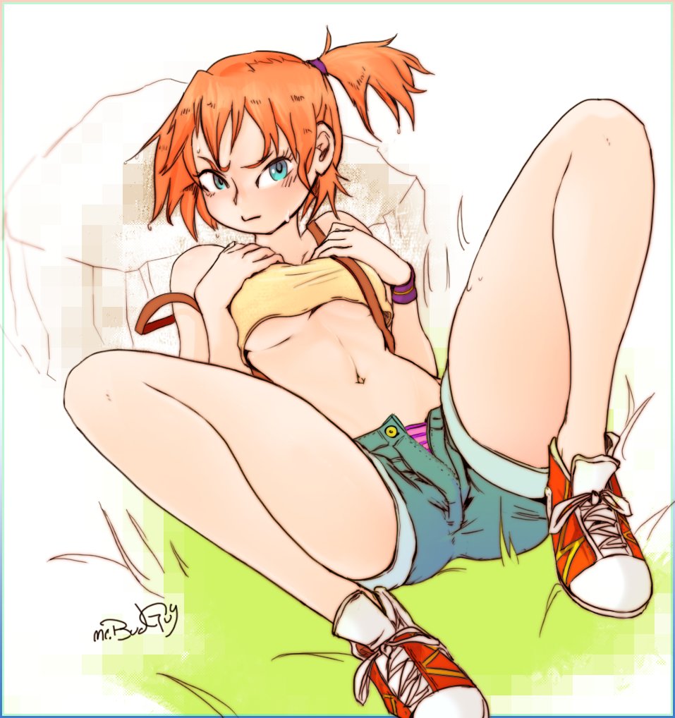 1girls breasts clothing female female_only green_eyes kasumi_(pokemon) legs mrbudguy orange_hair panties pokemon pokemon_rgby red_hair shoes sneakers solo wet