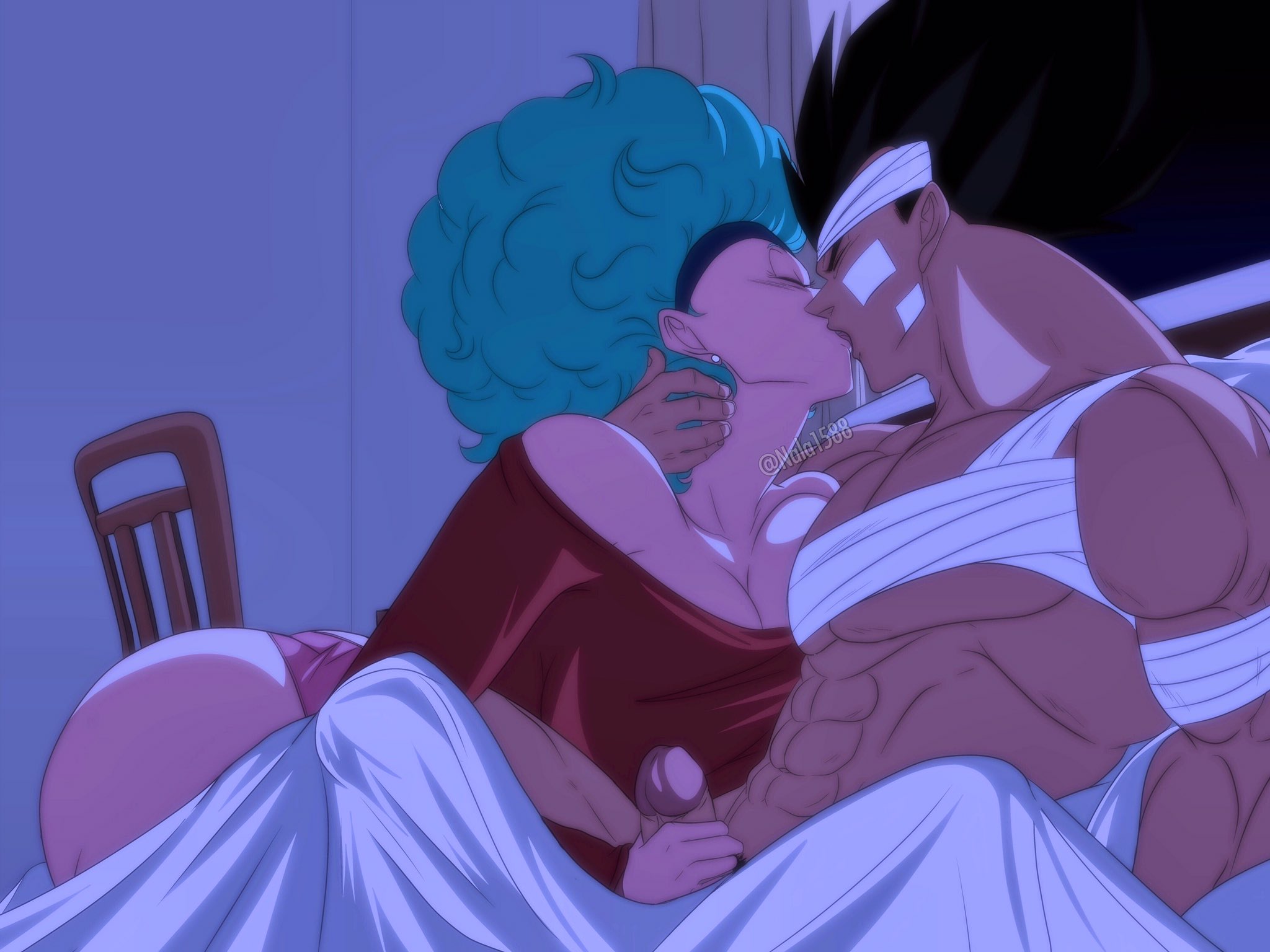 afro, bulma (afro), bulma briefs, dragon ball, dragon ball z, erection, female, handjob, handjob with kissing, kissing, male, nala1588, penis, tagme, vegeta