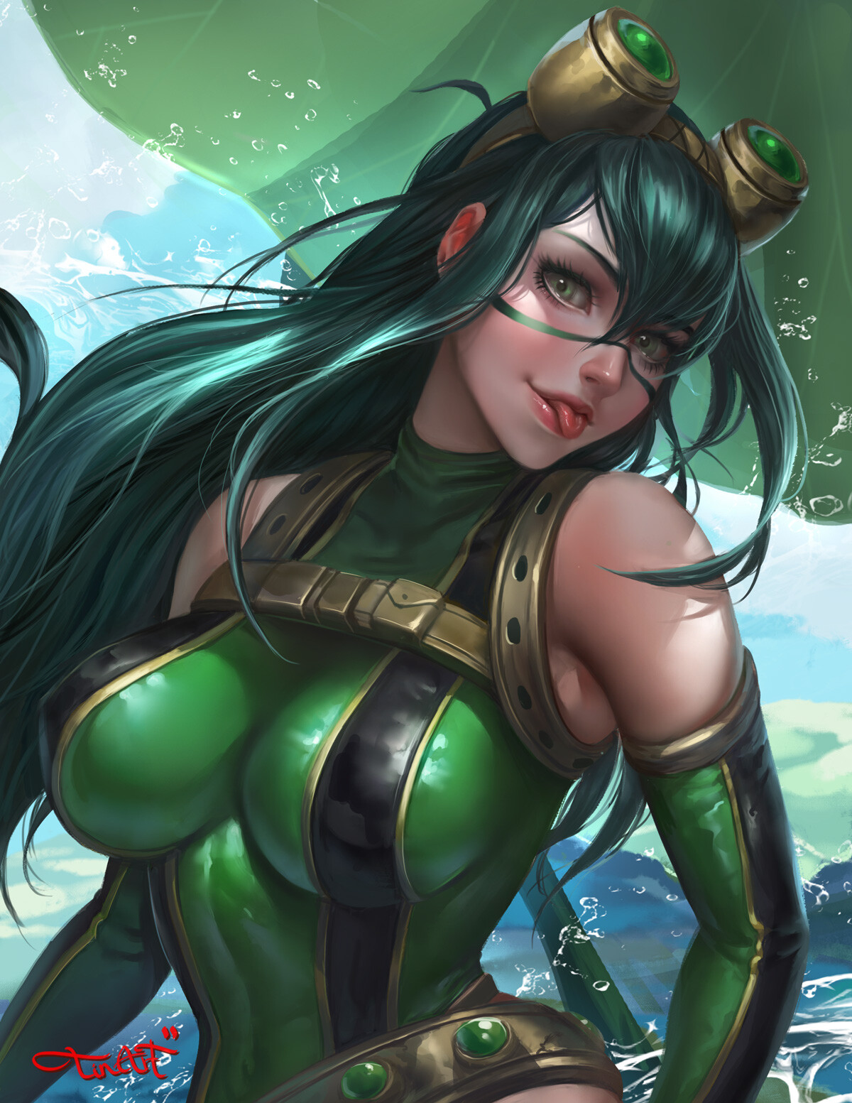 1girls, belt, bodysuit, clothed, female, goggles on head, green hair, green-haired female, hero outfit (mha), looking at viewer, my hero academia, sakimichan, skintight, sleeveless shirt, splashing water, tongue, tongue out, tsuyu asui, water
