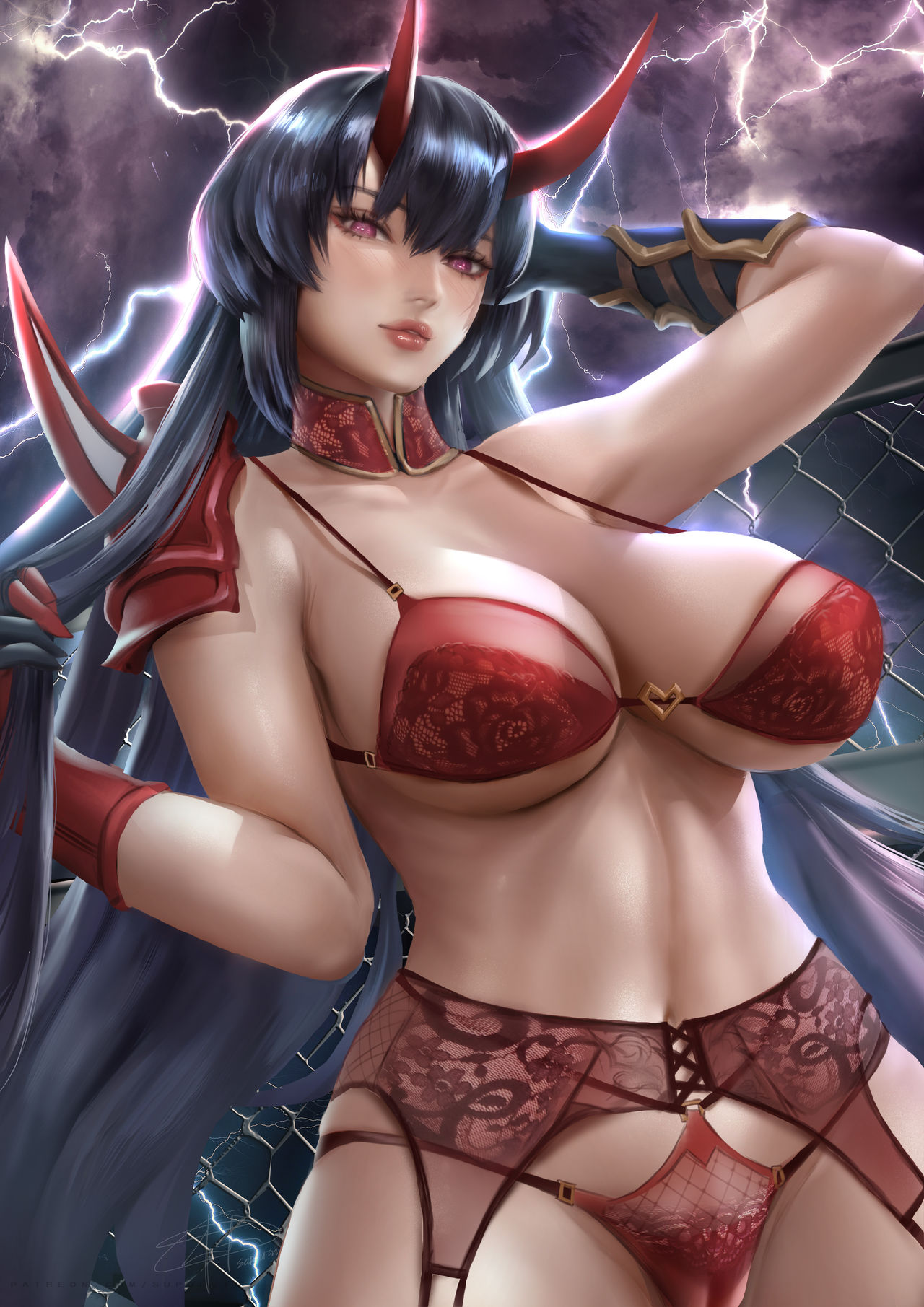 barely contained, big breasts, black hair, bra, breasts, demon, demon girl, demon horns, female, honkai impact 3rd, horns, huge breasts, lightning, lingerie, long hair, pink eyes, raiden mei, raiden mei (herrscher of thunder), red eyes, red lingerie, solo, solo female, supullim, tagme