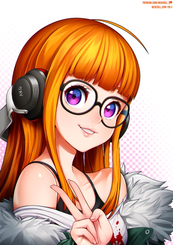 1girls, big eyes, blue eyes, circle glasses, clothed, clothed female, colored, female, female focus, female only, fully clothed, glasses, headphones, human, looking at viewer, neocoill, orange hair, peace sign, persona, persona 5, purple eyes, sakura futaba, simple background, smile, solo, solo female, solo focus, v, watermark, white background, white skin, young