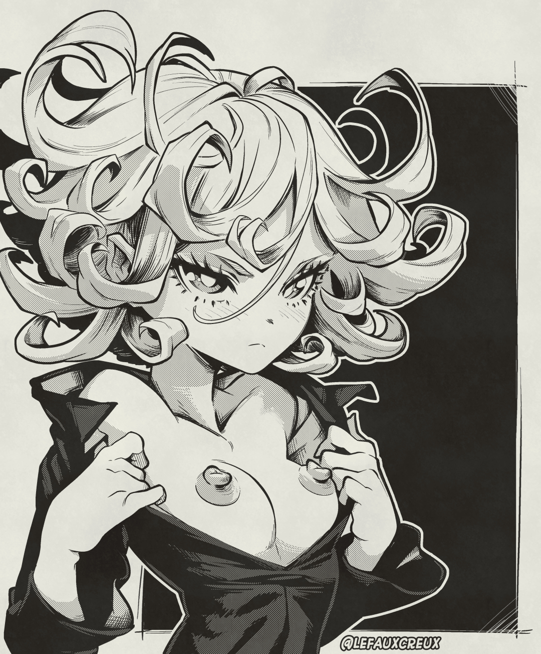 1girls, areola, areolae, big nipples, blush, breasts, clothing, creux, curled hair, exposed breasts, exposed nipples, exposing chest, eyelashes, female, female focus, female only, frown, looking at viewer, monochrome, nipples, no color, one-punch man, open clothes, perky breasts, presenting breasts, short hair, shoulders, small breasts, solo, solo female, solo focus, taking clothes off, tatsumaki, undressing, upper body