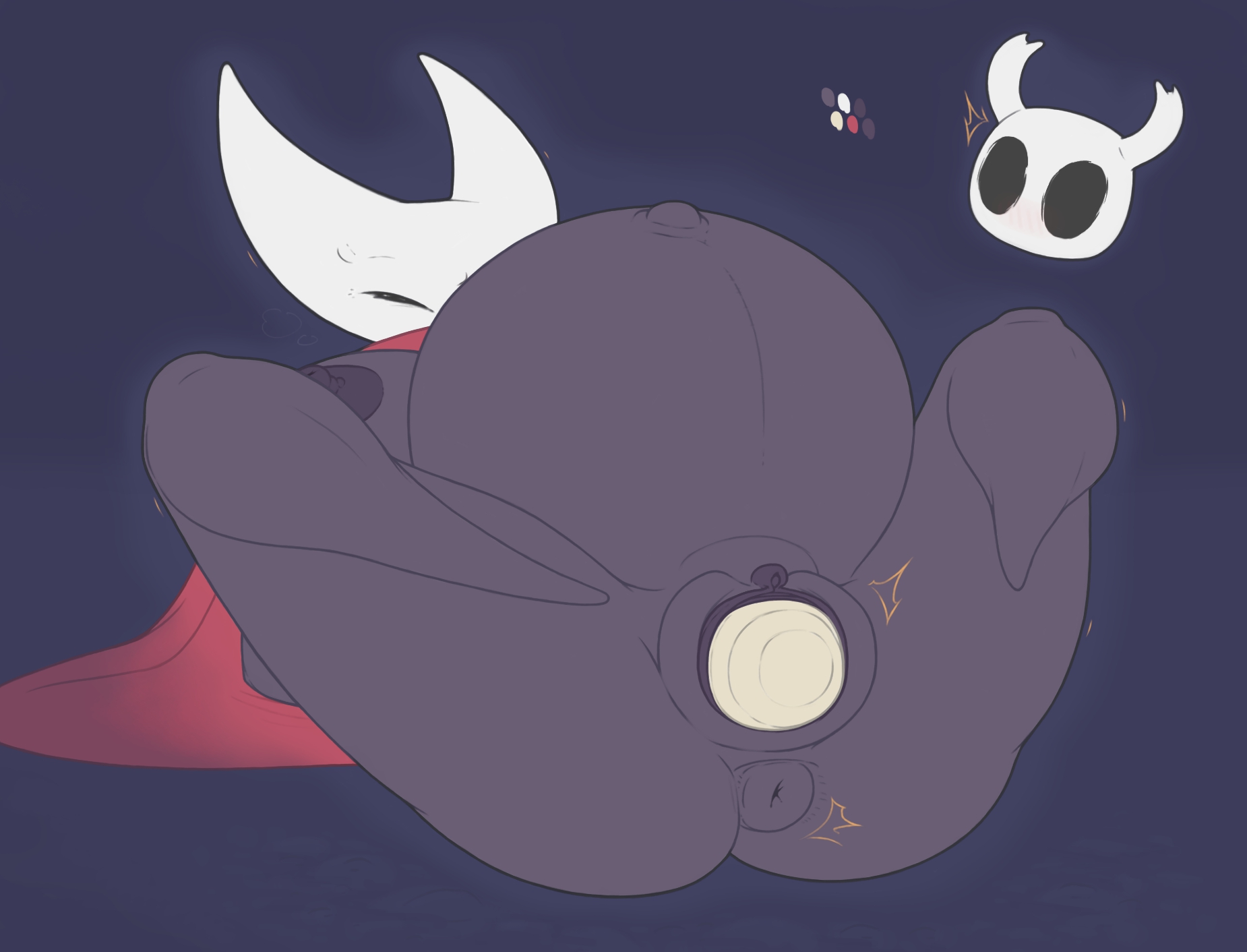 anthro, anus, birth, birthing, black body, breasts, cape, cloak, closed eyes, crowning, fecharis, female, fetal movement, fugasvbashnyu, hollow knight, hornet (hollow knight), huge belly, laying on back, nipples, no artist signature, outie navel, pregnant, pussy, ready to pop, red cape, spread legs, spreading