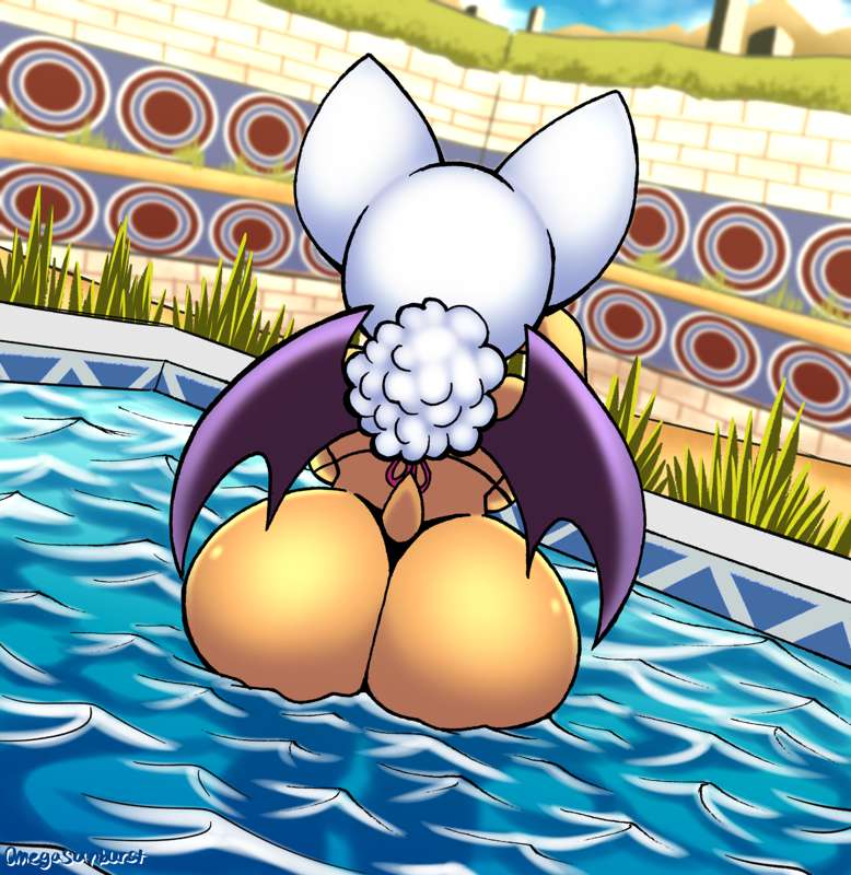 1girls, anthro, ass, ass out, ass up, back view, bat, bat wings, beckoning, bent over, big ass, bikini top, bimbo, bottomless, bottomless female, bubble ass, bubble butt, chiropteran, edit, exhibitionism, fat ass, female, fur, furry, hair bun, hi res, highres, hips, huge ass, large ass, mobian (species), omegasunburst, pool, poolside, presenting ass, presenting hindquarters, presenting to viewer, rear view, rouge the bat, round ass, seducing, sega, sexually suggestive, showing ass, showing off, sonic (series), swimming, swimming pool, tail, tan fur, thick ass, voluptuous, water, wet body, white fur, white hair, wide hips, wings