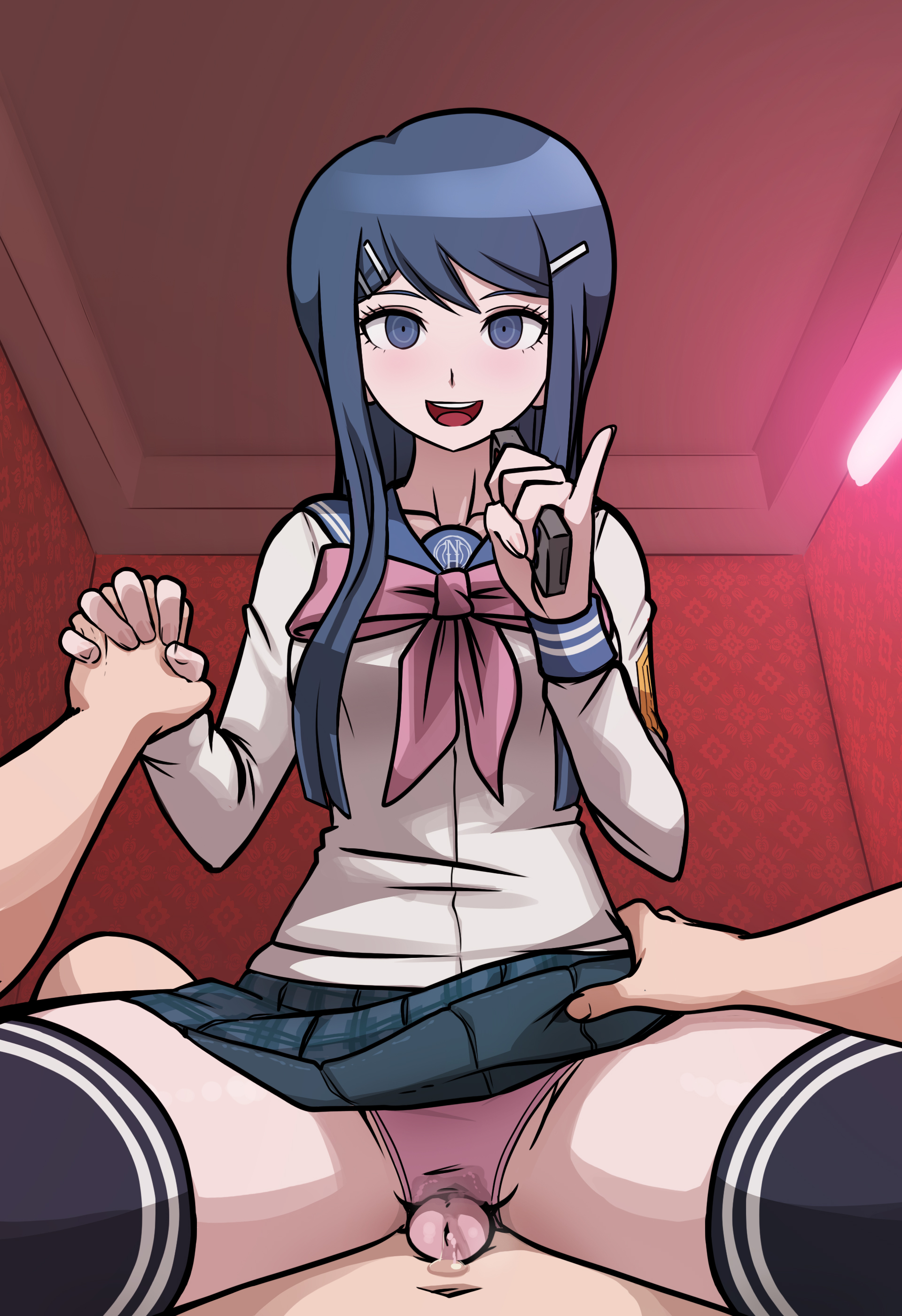 1boy, 1girls, blue eyes, blue hair, blue skirt, clothing, danganronpa, female, female on top, grinding, hand holding, long hair, maizono sayaka, male, male pov, mosbles, open mouth, outercourse, panties, penis, pink panties, pov, pov eye contact, precum, school uniform, singing, skirt, smile, spread legs, straight, straight hair, sumata, sumata cafe, thighhighs, wholesome