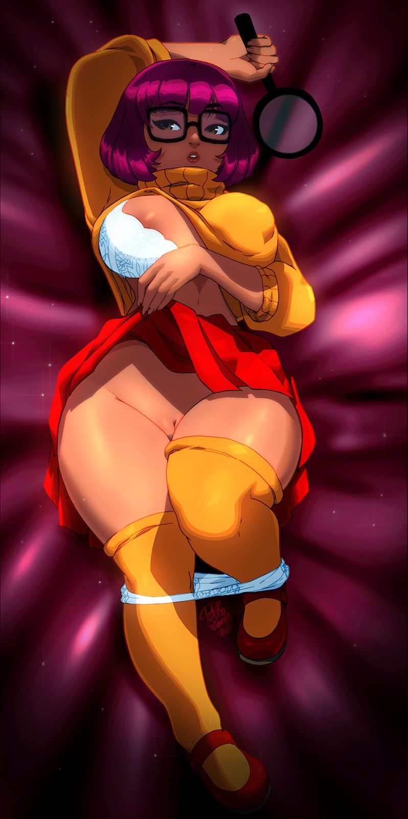 breasts, brown hair, busty, dakimakura, female, glasses, hanna-barbera, hourglass figure, nipples, scooby-doo, short hair, solo, tovio rogers, turtleneck, turtleneck sweater, velma dinkley, wide hips