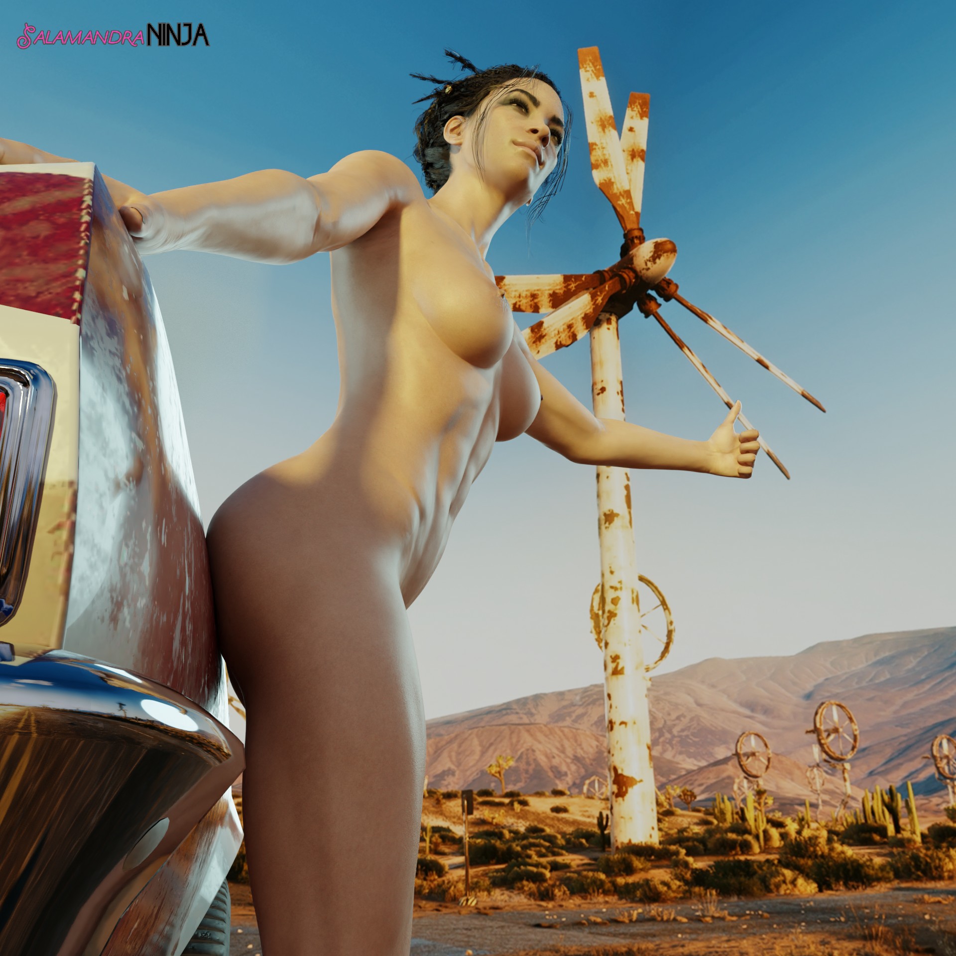 1girls, 3d, 3d (artwork), black hair, blender, cd projekt red, cyberpunk 2077, female, female focus, female only, panam palmer, salamandraninja, solo